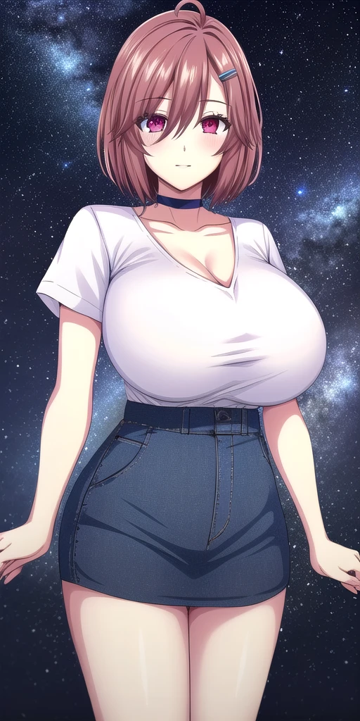 <lora:MomodateMarinV2:.7>, MomodateMarin, huge_breasts, standing, solo, choker, shirt, buruma,, starry_sky, hairclip,, masterpiece, best_quality, detailed_face, detailed_eyes, highres, beautiful, detailed, absurdres,