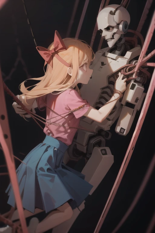 detailed background, <lora:fnaf elizabeth afton-08:1> elizabeth , elizabeth, , bow, pink shirt, blue skirt, hair bow, solo, sitting on shelf, dark background, scary, tilted head, metal wires, metal cables, robot background, masterpiece, best quality