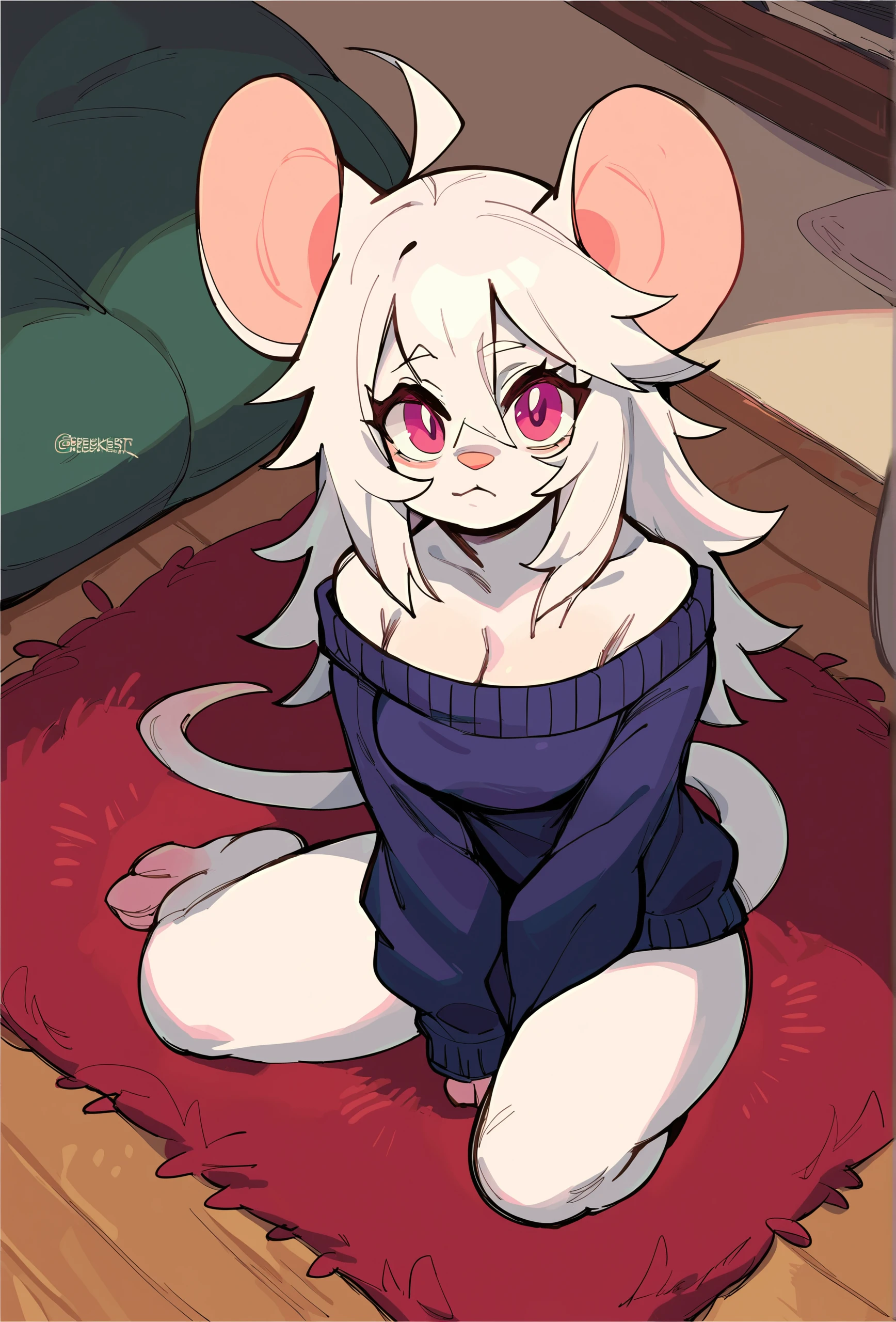 score_9, score_8_up, score_7_up, score_6_up, score_5_up, score_4_up, indoors, wooden floor, carpet, rug, source_furry BREAK
<lora:brekkist_style_ponyXL_v2.2:1> brekkiststyle, 1girl, solo, mouse girl, furry, white fur, white skin, white hair, long hair, sidelocks, hair between eyes, ahoge, pink eyes, medium breasts, looking at viewer, cleavage, sweater, sleeves past fingers