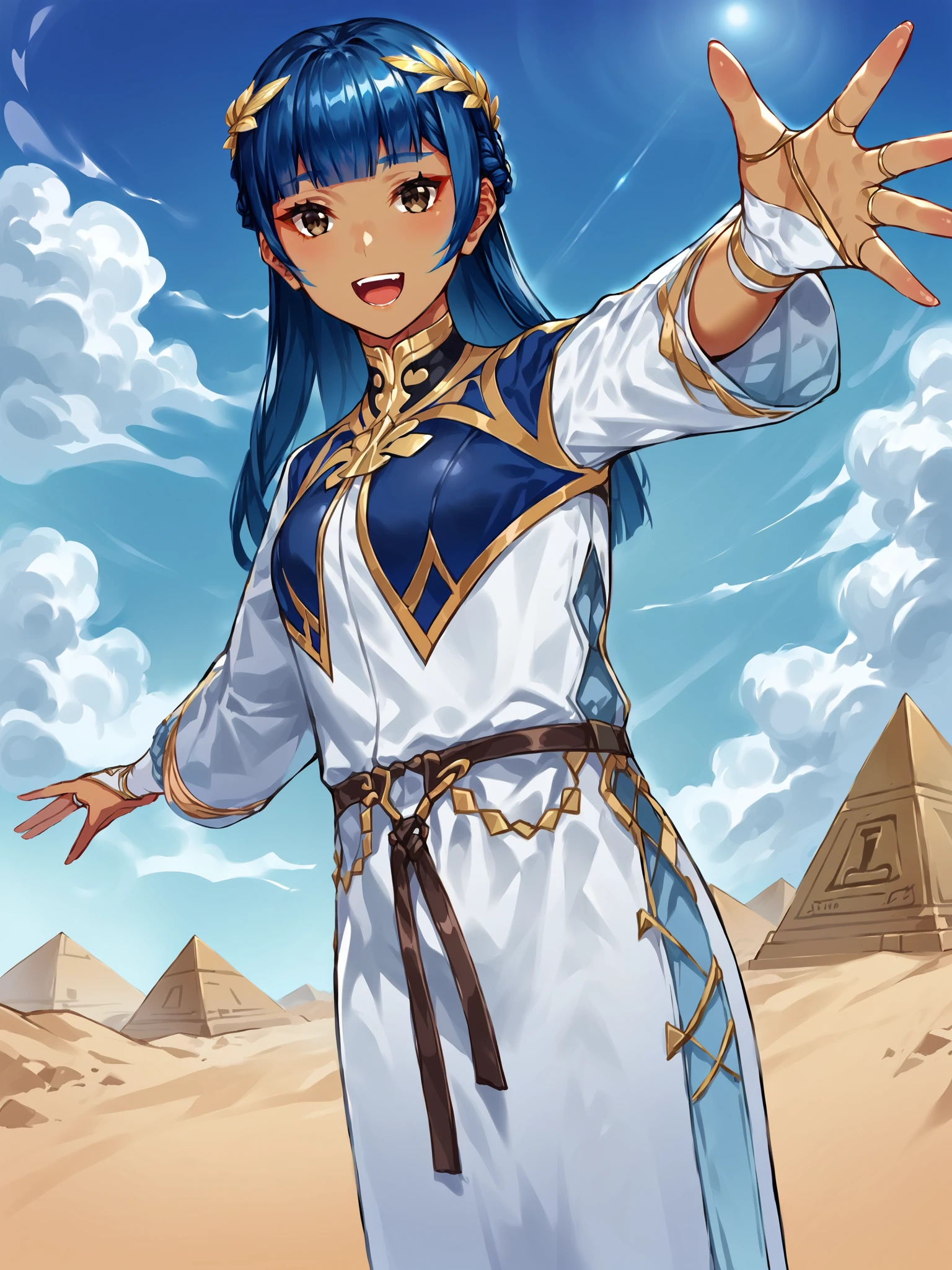 score_9, score_8_up, score_7_up, score_6_up, source_anime, BREAK
1girl, solo, <lora:Genshin_NPC_Setaria_Pony_v1:1>, (beautiful scenery, ultra-detailed, desert, oasis, pyramids:1.3), cute, pretty, detailed face, detailed eyes, cowboy shot, dark-skinned female, (reaching forward:1.35), foreshortening, smiling, blue hair, blunt bangs, long hair, brown eyes, makeup, crown braid, laurel crown, dress, (capelet:1.3), belt, (long sleeves:1.1), gold trim, bridal gauntlets, gold trim, looking at viewer, pyramids, long hair, dynamic pose, open mouth, teeth, (pov:1.1), (windy:1.5)