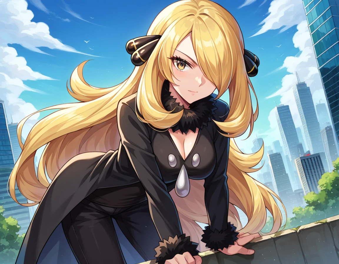 score_9, score_8_up, score_7_up, source_anime,
pokemoncynthia, <lora:pokemon-cynthia-ponyxl-lora-nochekaiser:1>
pokemoncynthia, blonde hair, hair ornament, hair over one eye, long hair, yellow eyes,
black coat, black pants, black shirt, coat, fur collar, fur trim, fur-trimmed sleeves, pants, shirt,
outdoors, cityscape, bent over,
looking at viewer, cowboy shot, dutch angle,