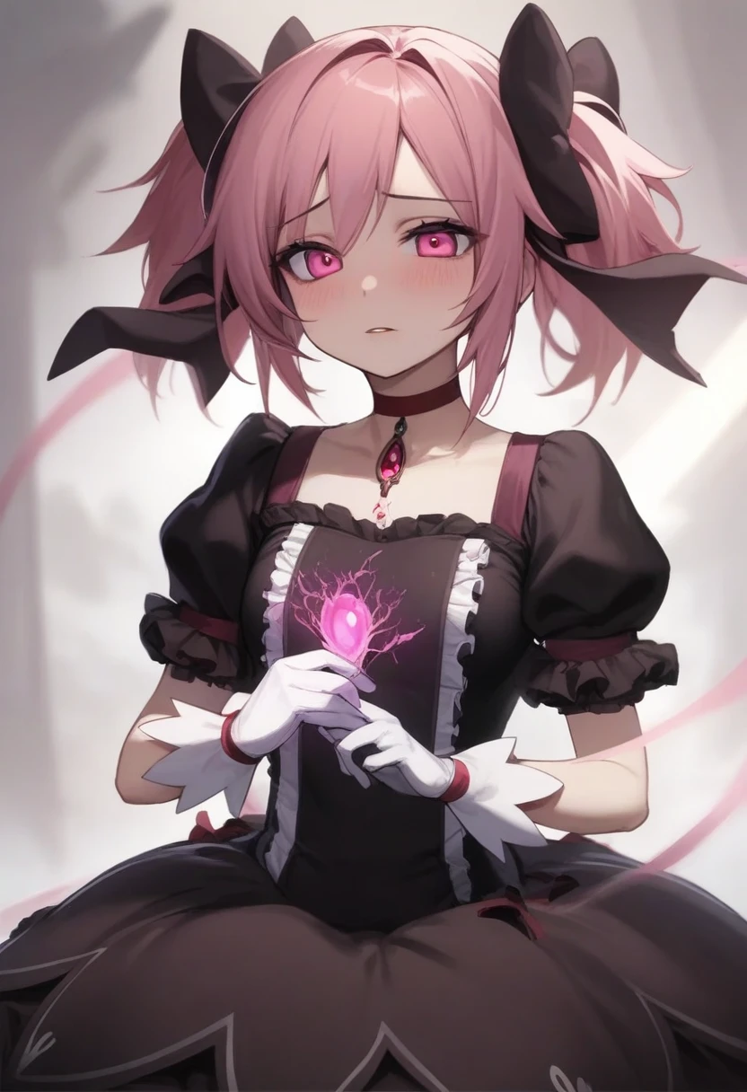(Satori toho character:1.1), (solo), (standing), (stained glass), BREAK, short hair, large perky breasts, (inconceivably short torso), (inconceivably thin waist:1.2), (very long legs), BREAK, (tight black blazer:1.3), (black thighhighs:1.35), (very short black high-waist skirt:1.35) cinches waist too tight, (highheels), BREAK, nose blush, sad smile, open mouth, BREAK, masterpiece, ultra-detailed, ultra high resolution, full body