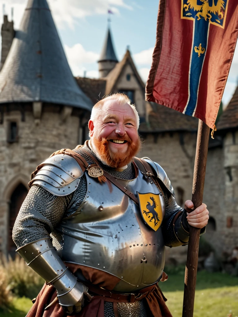 waist frame portrait of a cute happy  chubby older man knight,holding a pole with medieval gryphon  flag , rusty armor, beard redhead,  castle cottage in the background, Porta 160 color, shot on ARRI ALEXA 65, bokeh, sharp focus on subject, High Resolution
<lora:Natural_Bodies-v1e4:1>