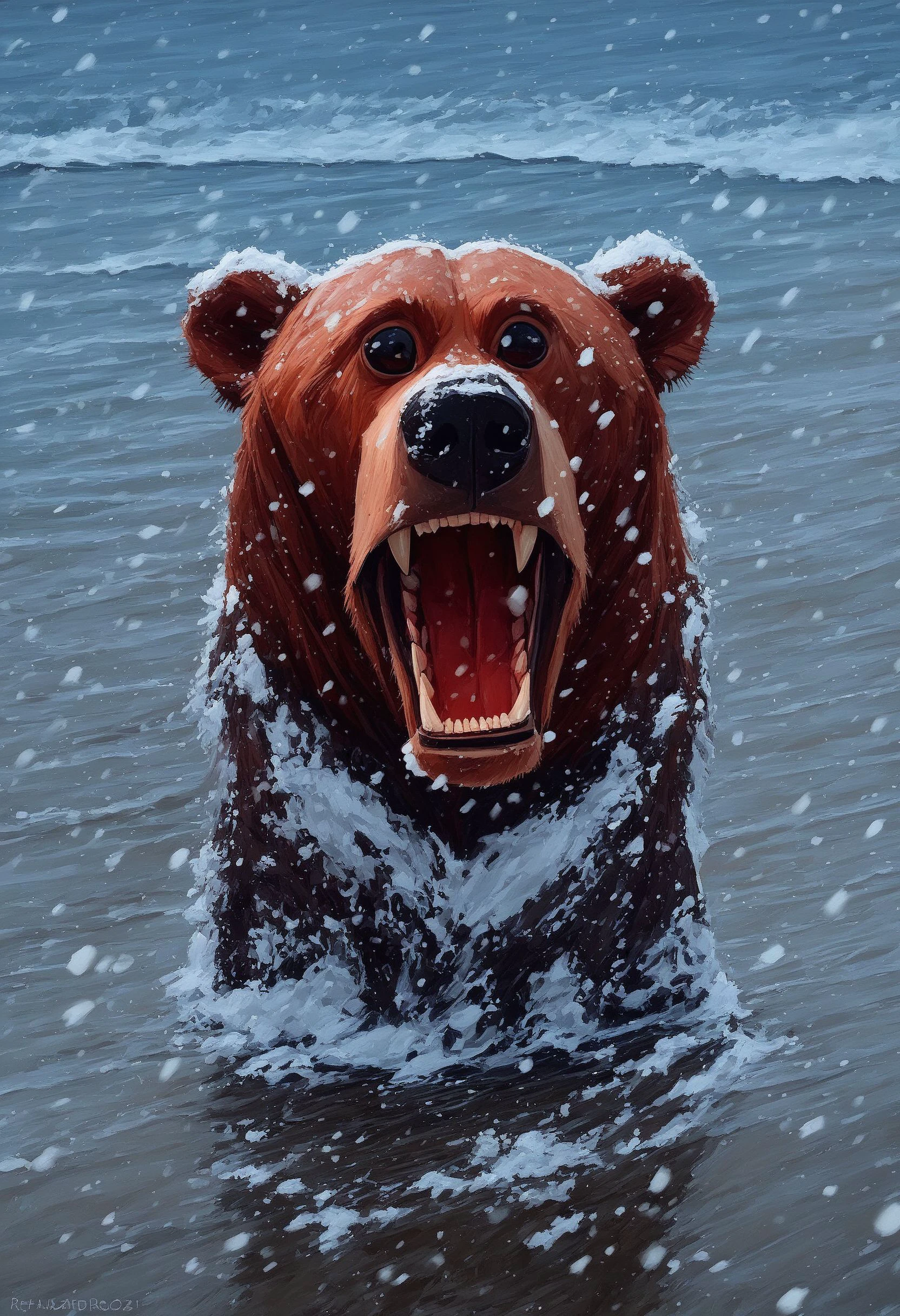 score_9, score_8_up, score_8, alb3nizrodrigu3z, water, snow, outdoors, ocean, bear, animal focus, fangs, open mouth, snowing, day, animal <lora:alb3nizrodrigu3zv1PonySDXL:1>