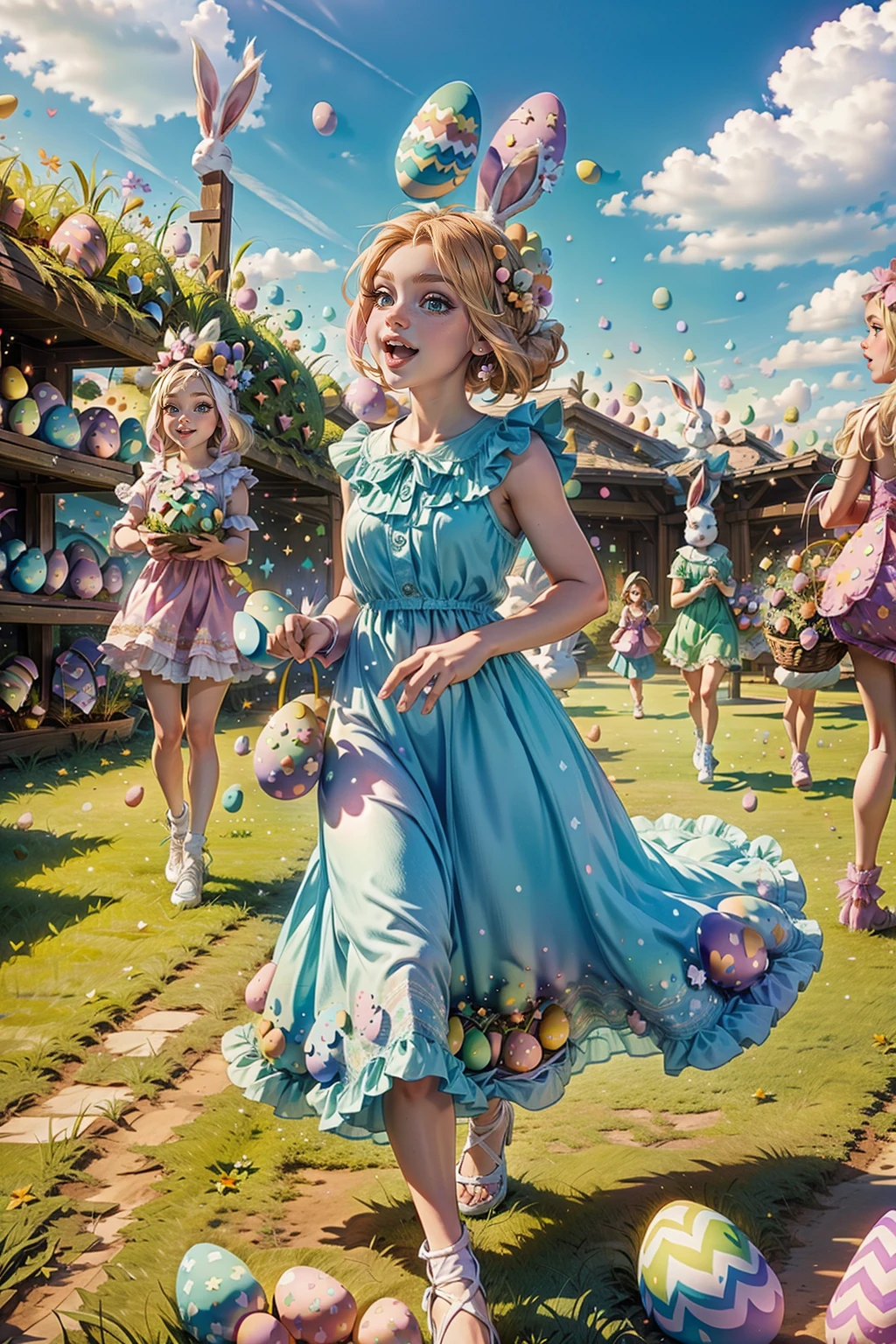 <lora:EasterEggsWorld:1> (EasterEggsWorld:1.2) (many girls:1.2) running on the green field (long dress colorful:1.3)  <lora:people_count_slider_v1:3>