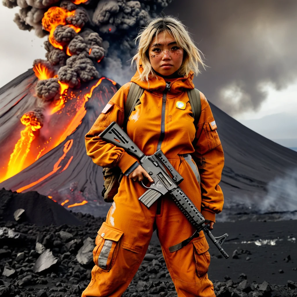 beabadoobee <lora:beabadoobee-SDXL_v1:1> wearing a torn and bedraggled shellsuit, on top of an erupting volcano, holding a semiautomatic rifle, action hero pose
