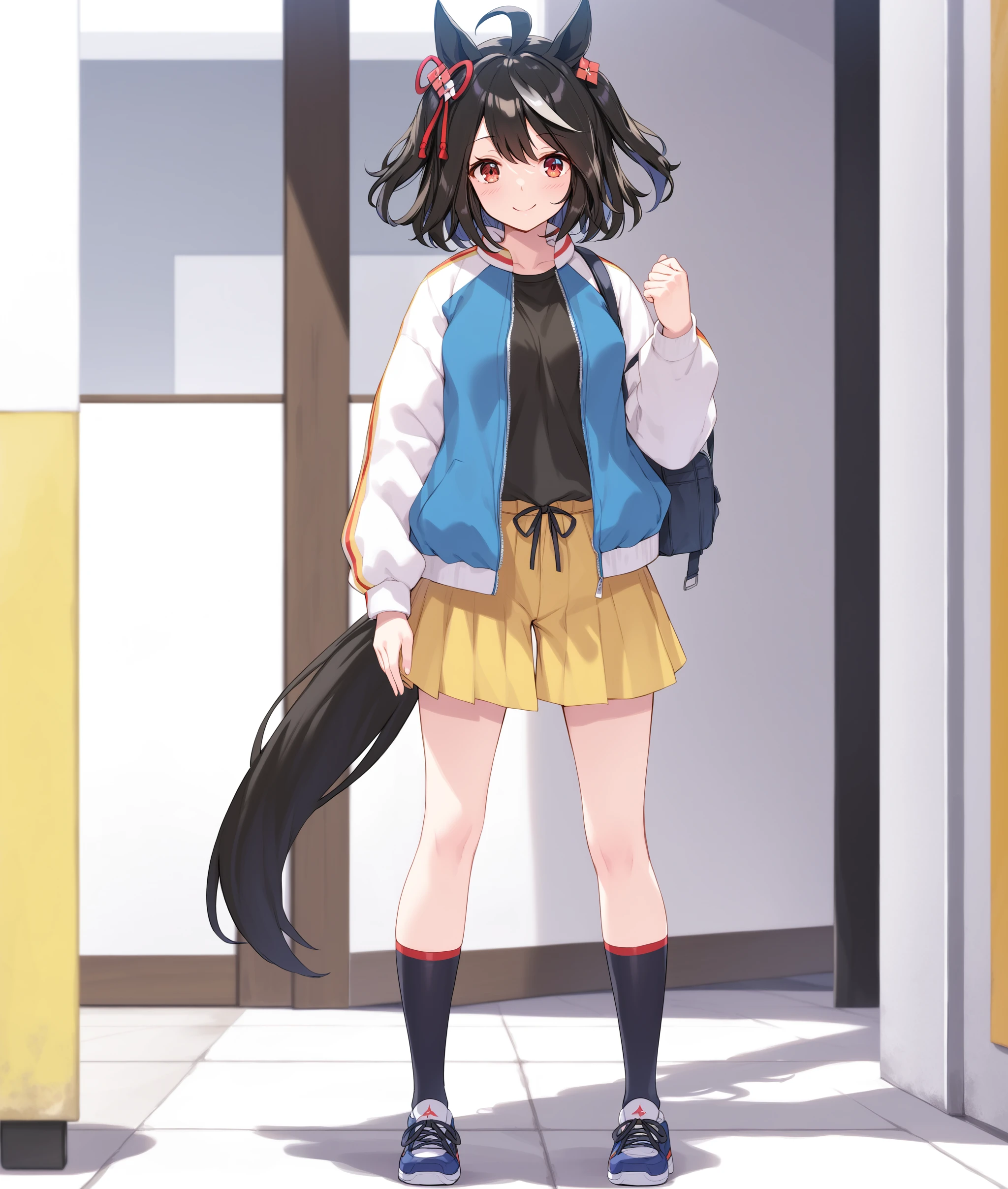 score_9, score_8_up, score_7_up BREAK
casual_clothes, 1girl, solo, looking at viewer, blush, smile, short hair, bangs, skirt, shirt, black hair, hair ornament, red eyes, long sleeves, ribbon, animal ears, closed mouth, standing, jacket, tail, full body, ahoge, multicolored hair, open clothes, shoes, shorts, alternate costume, socks, hand up, open jacket, two side up, streaked hair, black shirt, horse ears, horse girl, black socks, sneakers, clenched hand, horse tail, yellow skirt, yellow shorts,
<lora:Kitasan_Black-ponyXL_V1:0.8>,