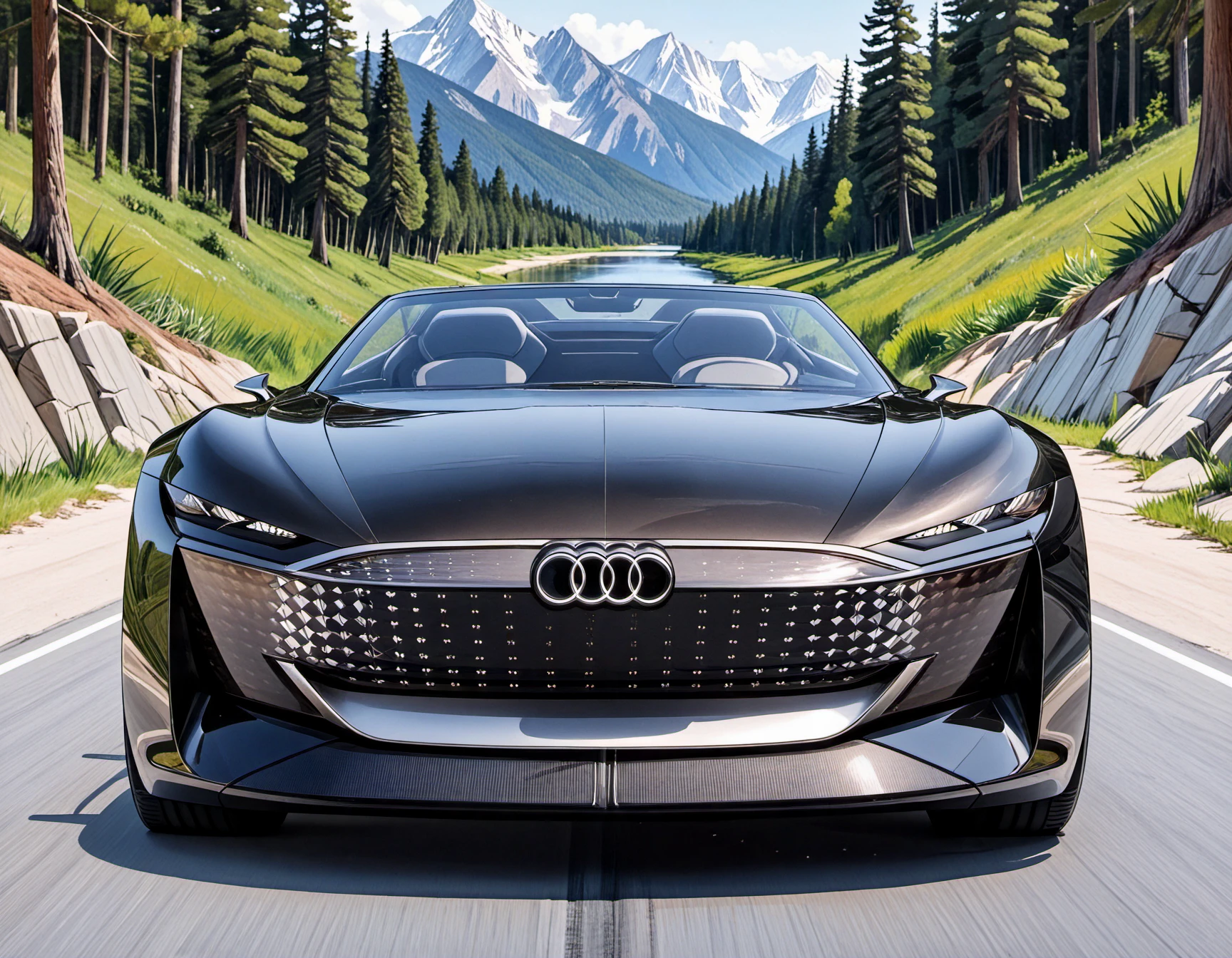 Audi, The image features a black sports car with a convertible top parked, The image features a black sports car driving down a road surrounded by a scenic mountain view. The car is a convertible, and it appears to be the main focus of the scene. The road is located in a mountainous area, adding to the picturesque setting. The car is positioned in the center of the image, with the driver visible inside the vehicle.