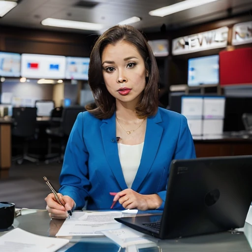 JS_News,leading news,in news studio,sits by the table,1girl,laptop on the table,papers on the table,jackets, <lora:JS_NewsV1:0.79>