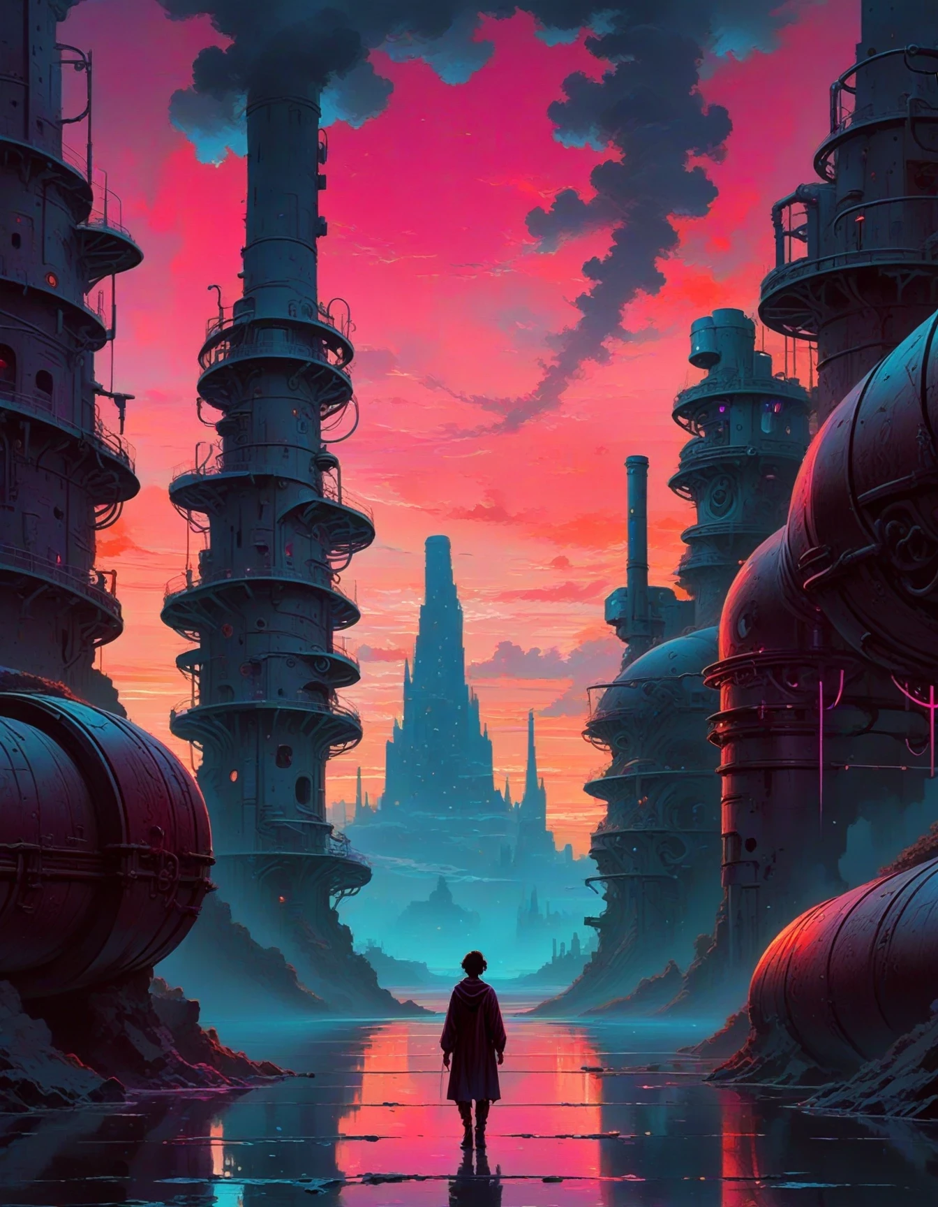 pipe maze in a dystopian scifi cloud topeia beyond the beginning of reality, masterpiece, by Maxim Revin. Artstyle: Digital Illustration, Color Palette: Neon Teal & Magenta with Dark, Stormy Grays and Purples.