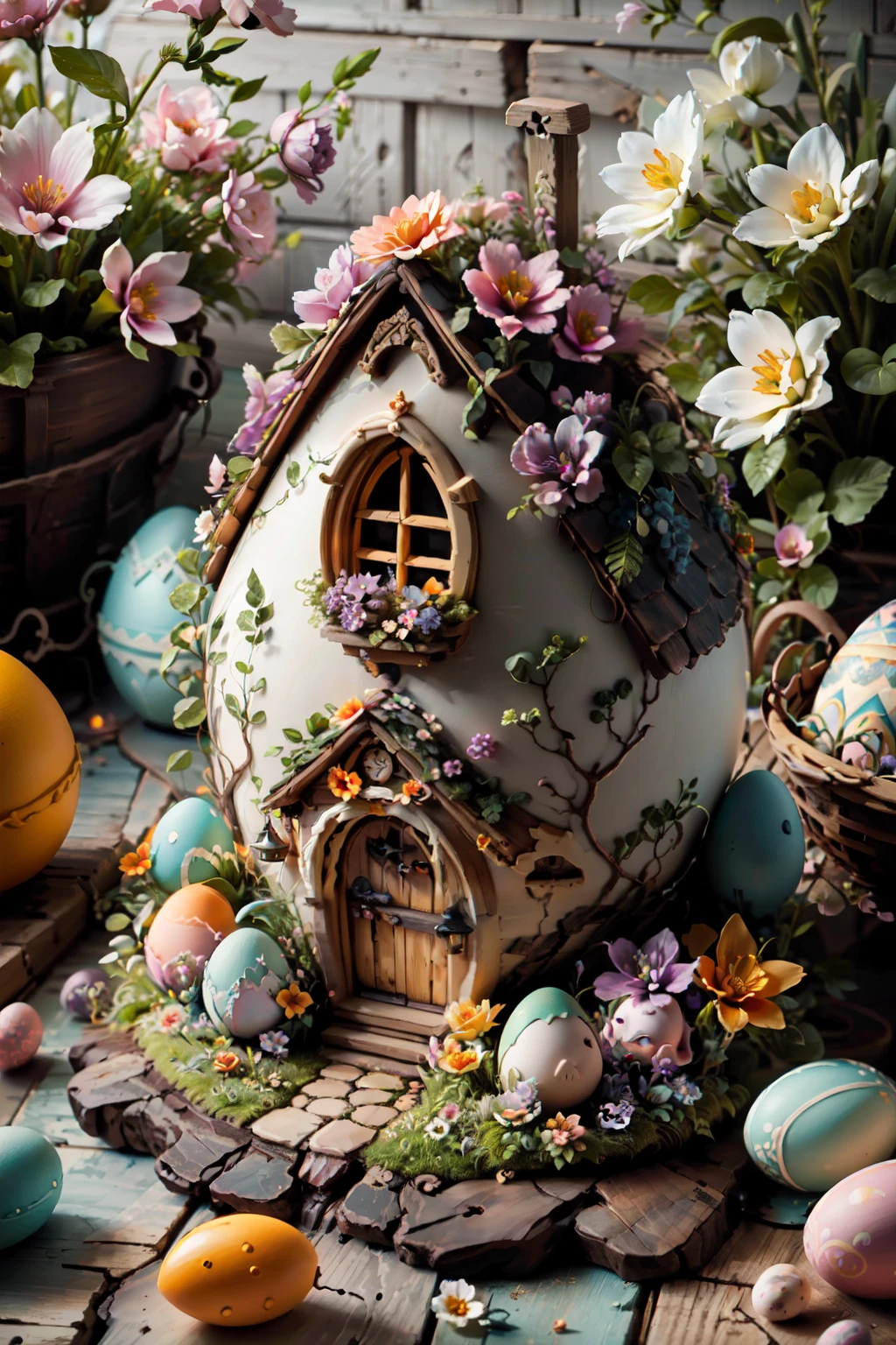 ((masterpiece,best quality)), absurdres, <lora:Easter_Egg_Home:0.7>, Easter Egg Home, (outdoors:1.2), flower, window, pink flower, door, purple flower, orange flower, <lora:EdobSyFyHorrorFairyTale_v1.0:0.5>, EdobFairyTaleLandscape, village,