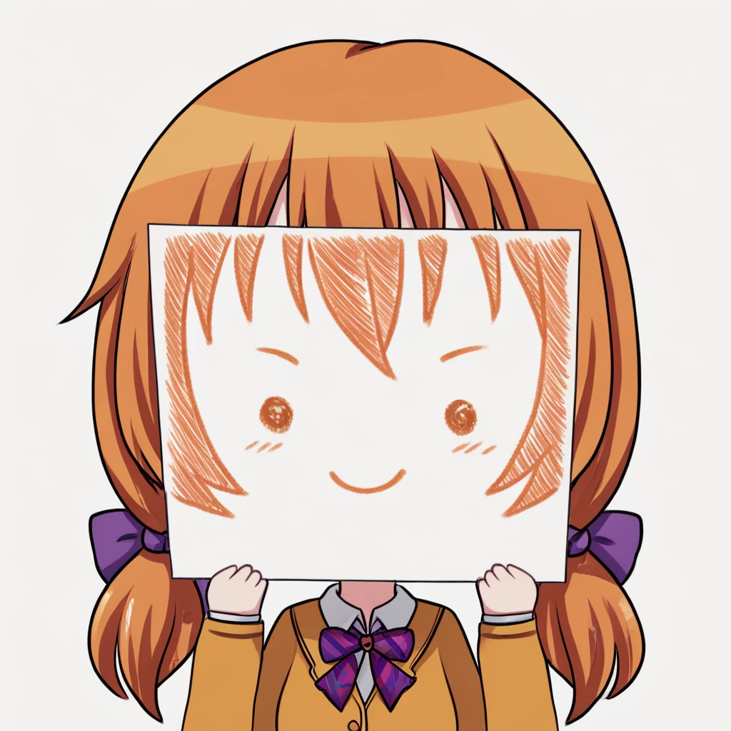 score_9, score_8_up, score_7_up, <lora:PaperLikeFacePony:0.8>
PaperLikeFace, 1girl, solo, bangs, simple background, orange hair with low twintails secured by scrunchies, white background, bow, school uniform with a bowtie, upper body, chibi, transparent background, holding a piece of paper with both hands up, purple bow, triangle mouth,