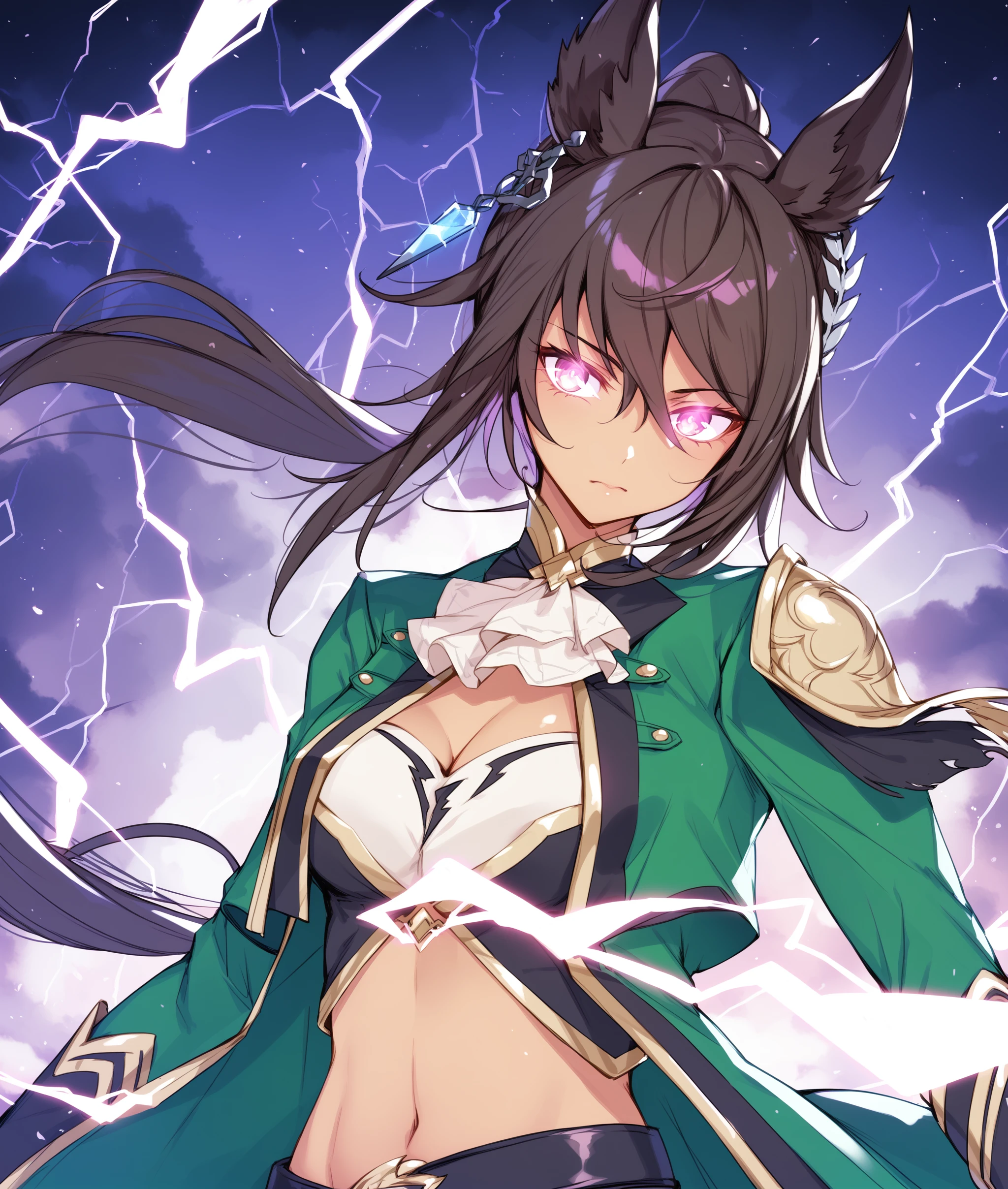 score_9, score_8_up, score_7_up BREAK
shobufuku, 1girl, solo, long hair, breasts, looking at viewer, bangs, black hair, gloves, long sleeves, navel, animal ears, closed mouth, jacket, ponytail, black gloves, midriff, glowing, horse ears, horse girl, green jacket, lightning, (glowing eyes:1.2), dark_skin,
<lora:Symboli_KrisS-ponyXL_V1:0.8>,