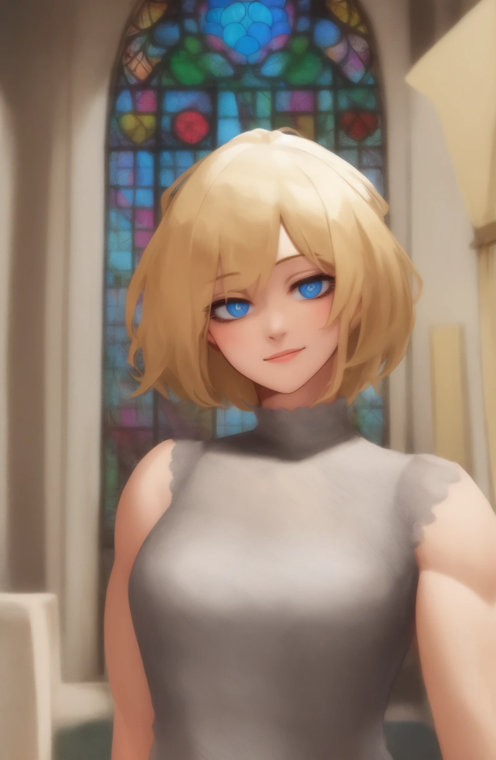 @Sotchosis, Sotchosis \(Artist\), Sotcho \(Artist\), masterpiece, portrait shot, 1girl, muscular female, best quality, 1girl, blue eyes, blonde hair, closed mouth, smile, looking at viewer, short hair, sundress indoors, background: elegant southern church with stained glass windows, solo, upper body,<lora:Sotchosis-Style:1>