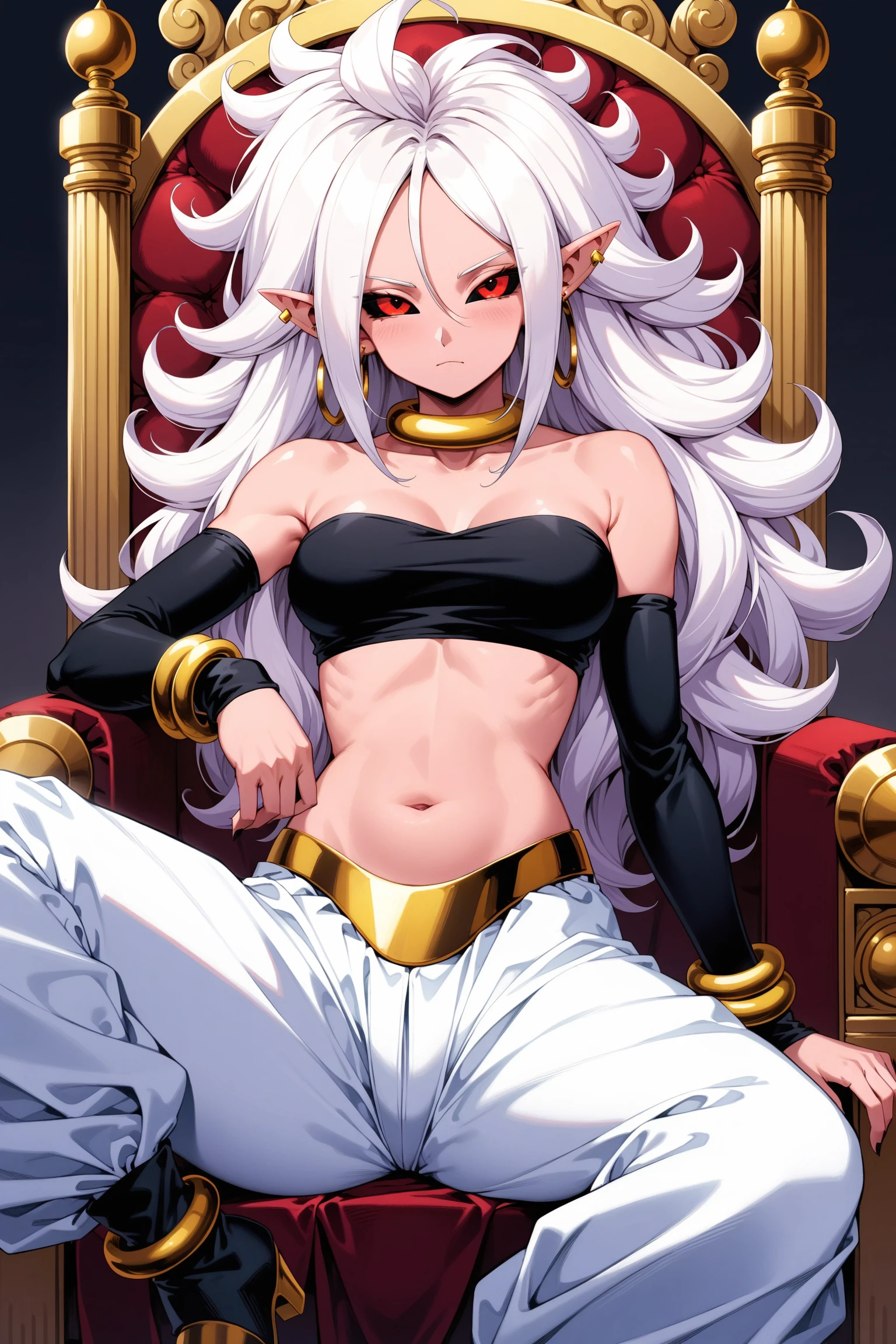 (masterpiece, best quality, very aesthetic, ultra detailed), intricate details, bbandro, white hair, long hair, messy hair, pointy ears, hoop earrings, red eyes, colored sclera, black sclera, pink skin, bare shoulders, strapless, tube top, detached sleeves, bracelet, midriff, harem pants, white pants, <lora:android_21_XL_v1:0.9>, black footwear, sitting, throne, knee up