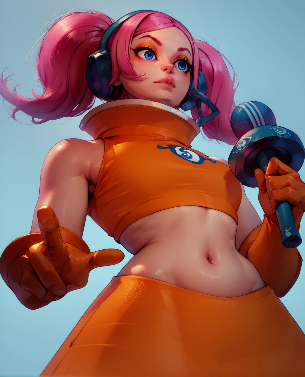 score_9,score_8_up,score_7_up,
ulala,pink hair,blue eyes,twintails,
orange top,navel,headphones,bare shoulders,orange elbow gloves,
numbered shirt,upper body,holding microphone,
navel,short orange skirt,from below,
new station,
<lora:ulala:1>,