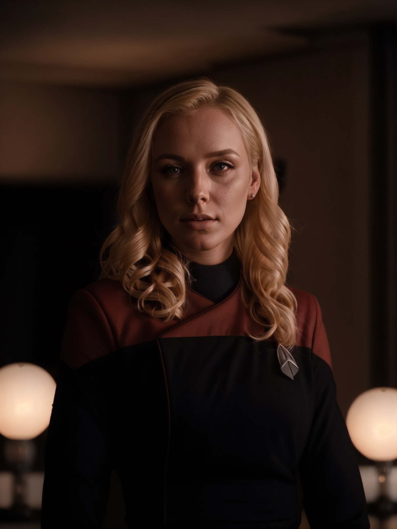 beautiful blond woman in pcdst red uniform,professional photograph of a stunning woman detailed, sharp focus, dramatic, award winning, cinematic lighting, octane render, unreal engine, volumetrics dtx, (film grain, bokeh, blurry foreground, blurry background<lora:STPicardUniforms:0.8>