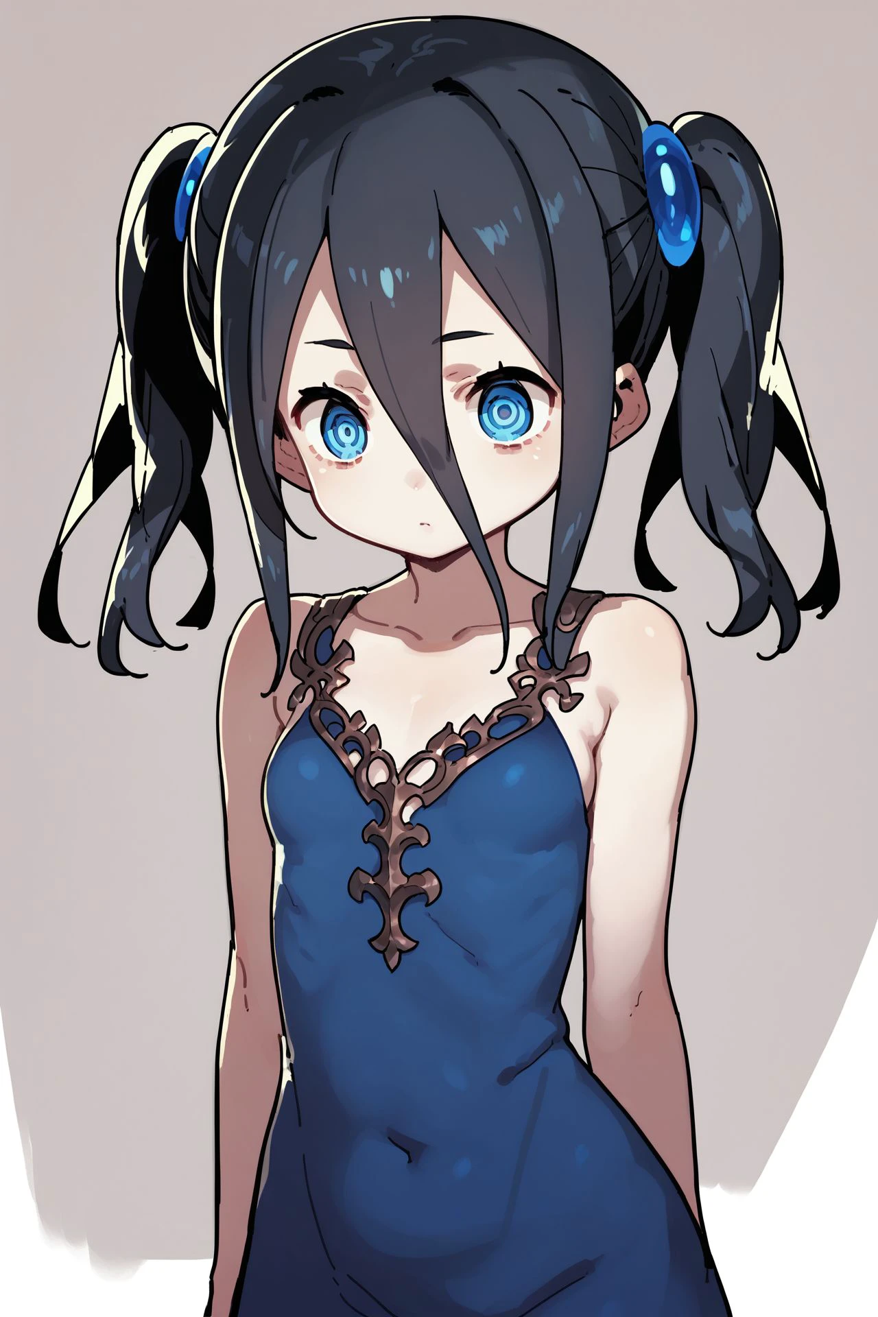 score_9, score_8_up, score_7_up, 1girl, pale skin, dizzy, black hair, hair between eyes, tri tails, bronze eyes, small breasts, blue dress, night <lora:Himukai_Yuuji_PonyXL_style_v01:1>