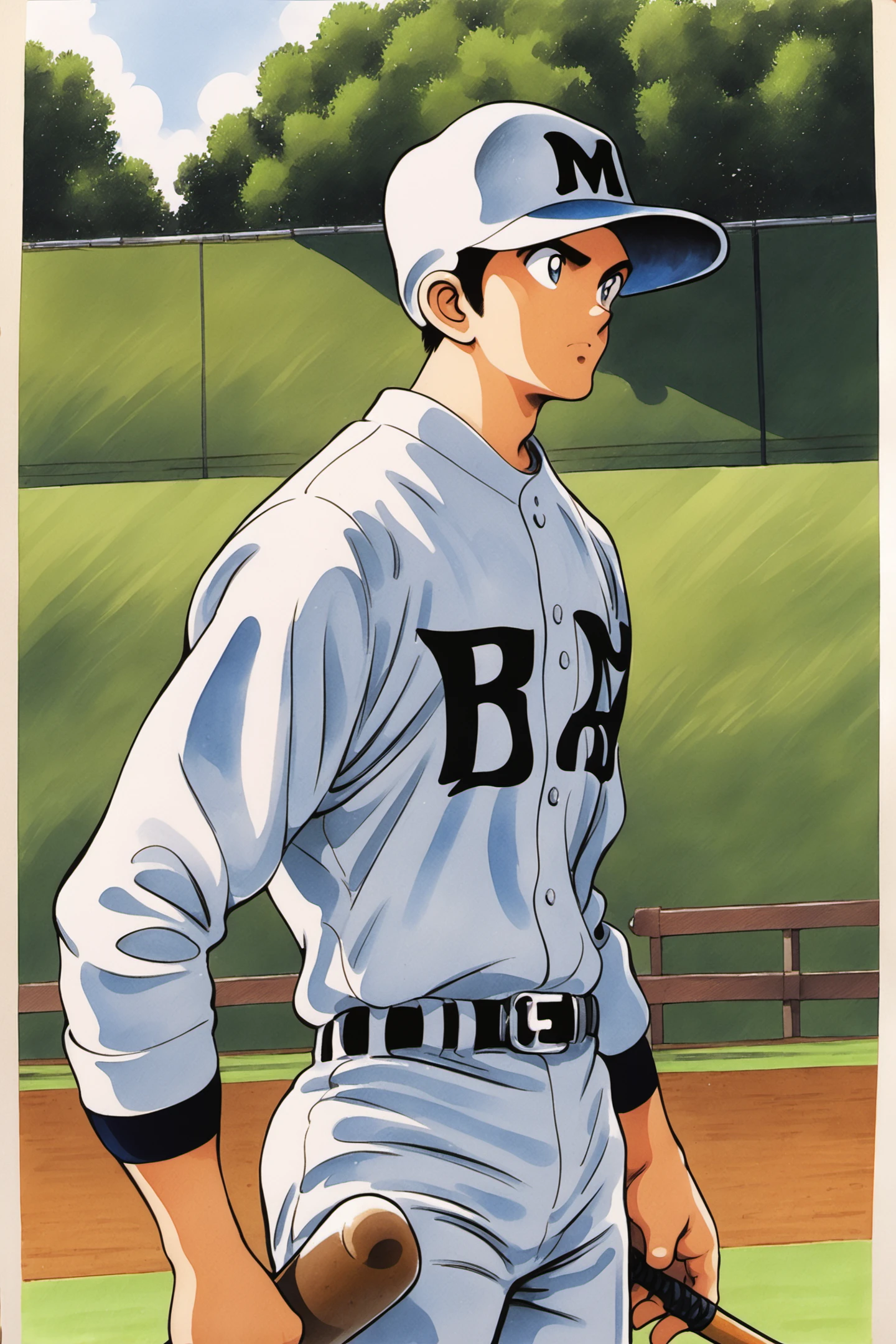 1boy,baseball bat,baseball uniform,male focus,sportswear,helmet,holding baseball bat,white pants,holding,hat,pants,solo,baseball cap,baseball,cowboy shot,black hair,traditional media,fence,outdoors,belt,crowd,score_9,score_8_up,<lora:Adachi_XL_PONY:0.8>,