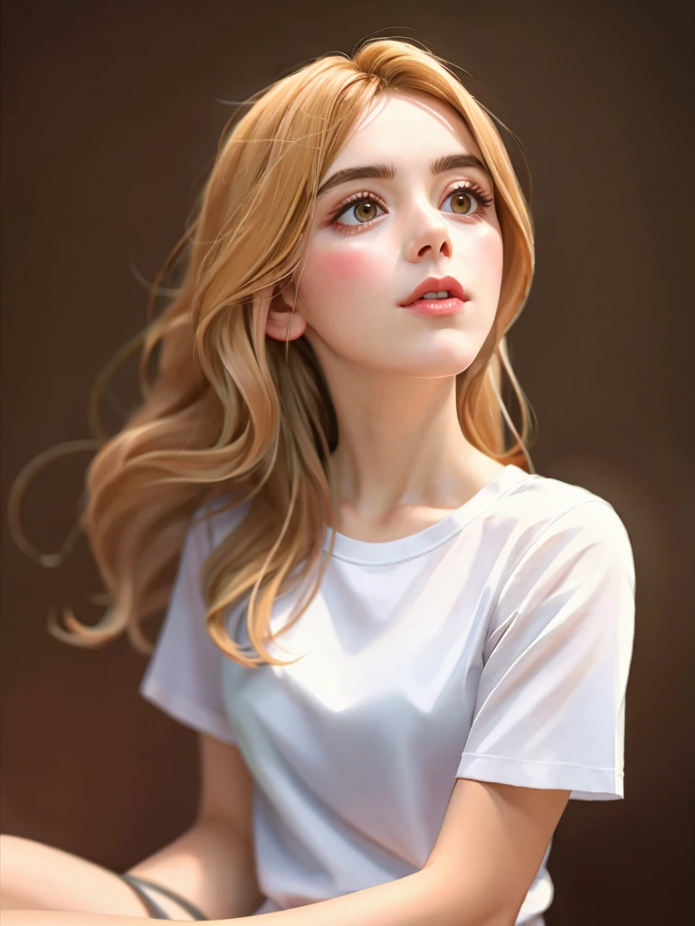 A beautiful k13rn4ns woman, 1girl,solo,long hair,looking at viewer,blonde hair,shirt,sitting,white shirt,short sleeves,parted lips,blurry,lips,looking up,brown background,realistic,soft lighting, professional Photography, Photorealistic, detailed, RAW, analog, sharp focus, 8k, HD, high quality, masterpiece<lora:k13rn4ns:1.0>