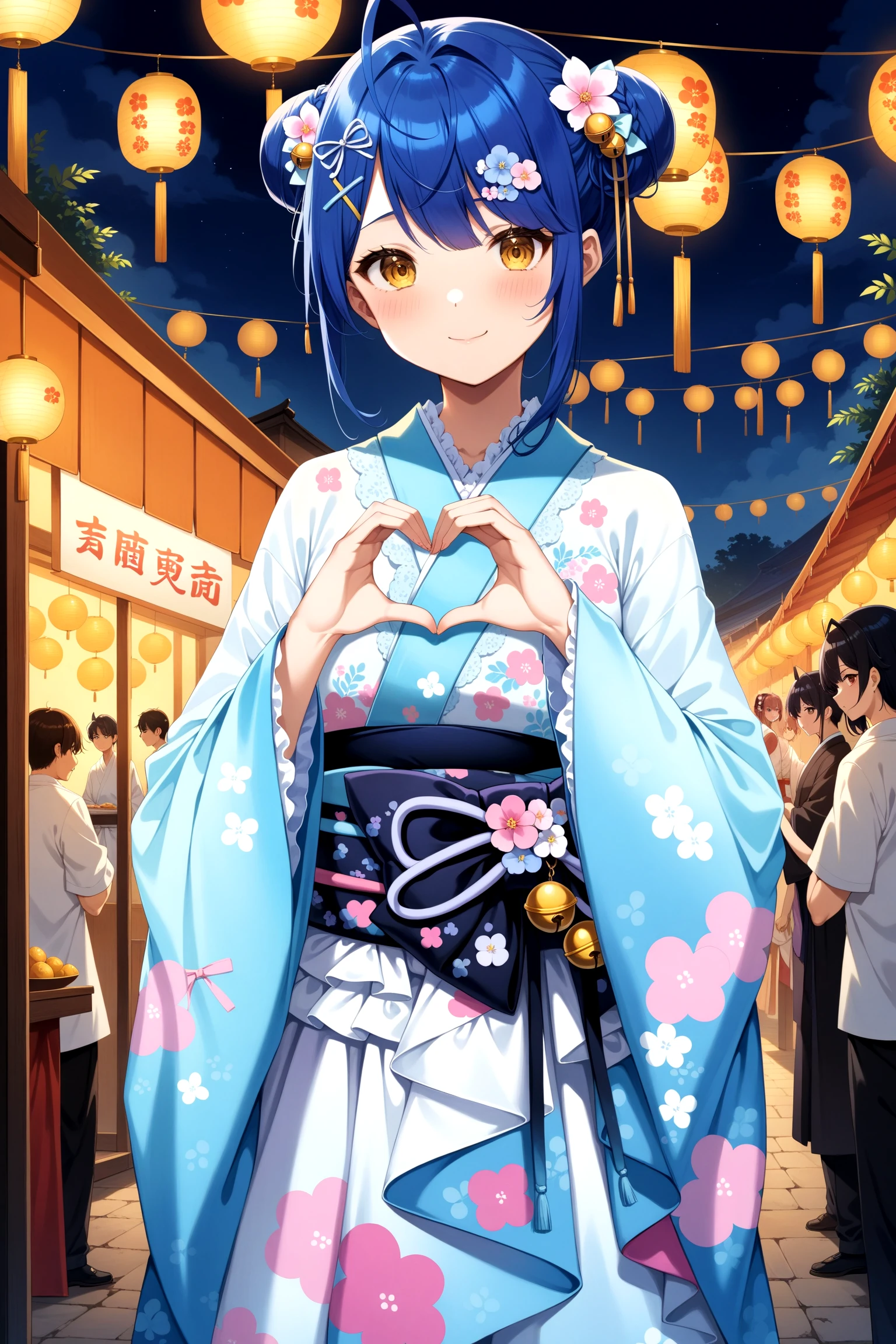 (masterpiece, best quality, very aesthetic, ultra detailed), intricate details, anime style, 4k, bbmya, short hair, ahoge, double bun, hair ribbon, hair bow, hair flower, hair bell, x hair ornament, floral print, japanese clothes, frilled kimono, wide sleeves, sleeves past wrists, sash, obi, <lora:amamiya_kokoro_xl(anima)_v1:0.9>, standing, night, summer festival, smile, heart hands, embarrassed, closed mouth,
