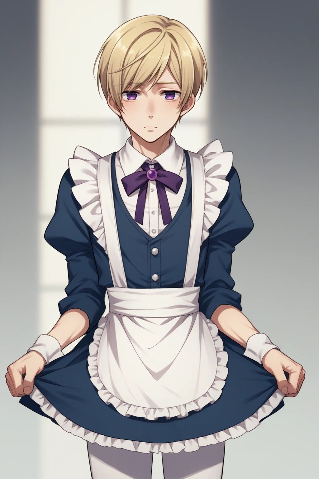 score_9, score_8_up, source_anime, 1boy, male focus, solo, <lora:NSFinlandHetalia:1>  NSFinlandHetalia  purple eyes, blonde hair, crossdressing, maid uniform