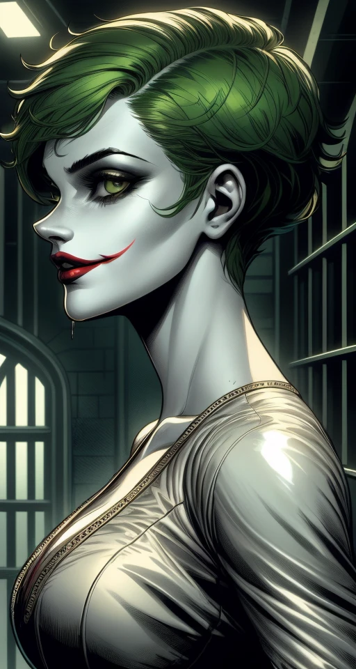 <lora:Jokerette-10:1> masterpiece, best quality, (detailed beautiful face, detail skin texture, ultra-detailed body:1.1), Closeup fullbody portrait of Jokerette, a woman, green hair:1.3, short hair, green short hair, wearing an arkhamsuit:1.7, standing in Arkham Asylum. American Comic book style, DC Comics, Gotham city, intricate background, atmospheric scene,  feminine+, shiny wet skin, pale white albino skin::1.5, wide evil smile::1.1, looking at viewer, modelshoot style, photo of beautiful artwork, High Detail, Sharp focus, dramatic+, Intricate, beautiful, otherworldly, mysterious, highly detailed