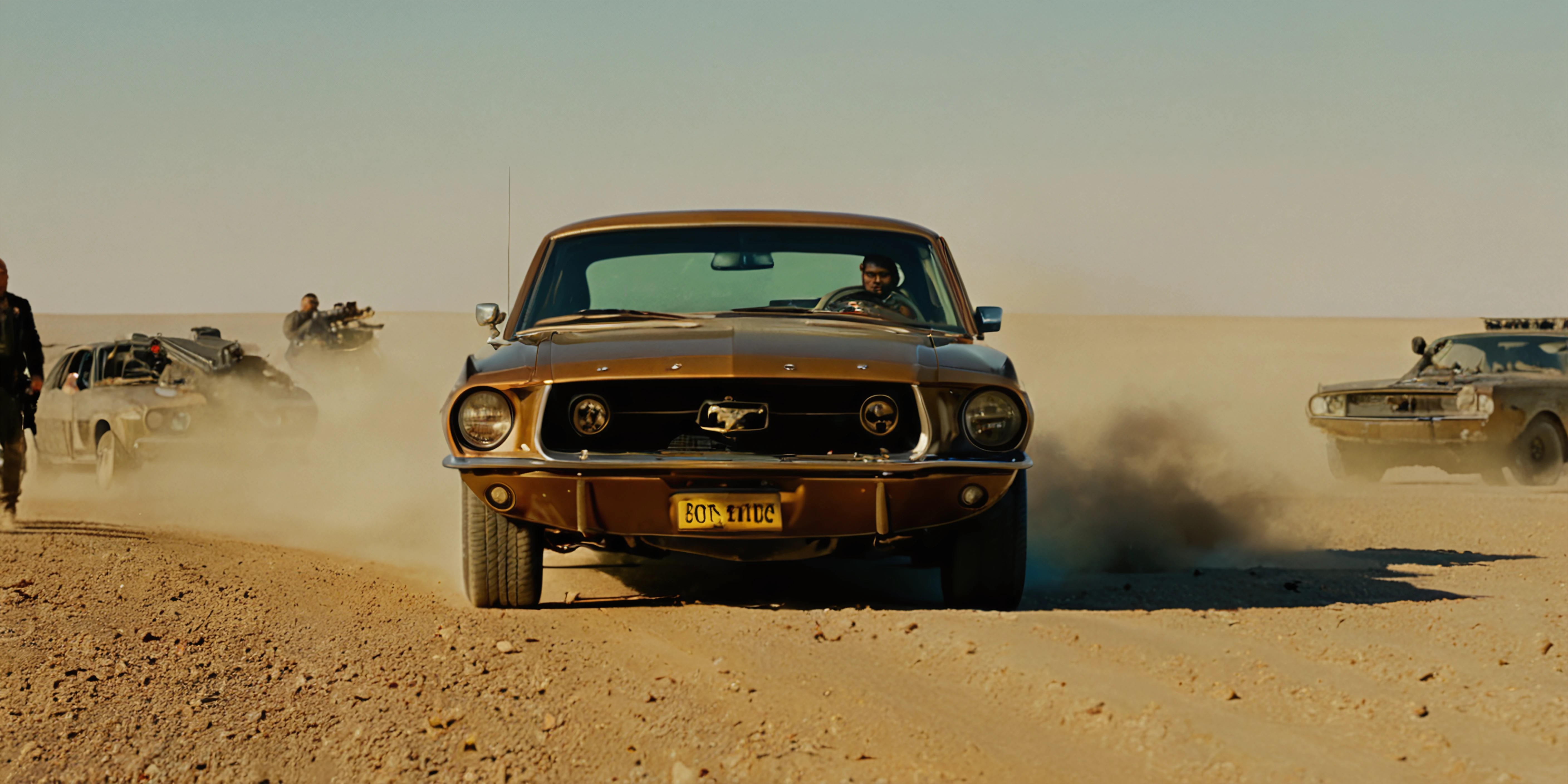 <lora:mustangxl_1500_lora_f32:1>,, rusty ford mustang in mad max movie, driving through desert in the distance, post-apocalyptic villains in background, army, wide angle drone shot, dust, high contrast, machine guns, mustang, film still, grainy, cinematic, cinematic look, film look, filmic, contrast, detailed, high quality, sharp image, bad guys, carmageddon, mad max, speed, (motion blur):1.2, fast, car chase