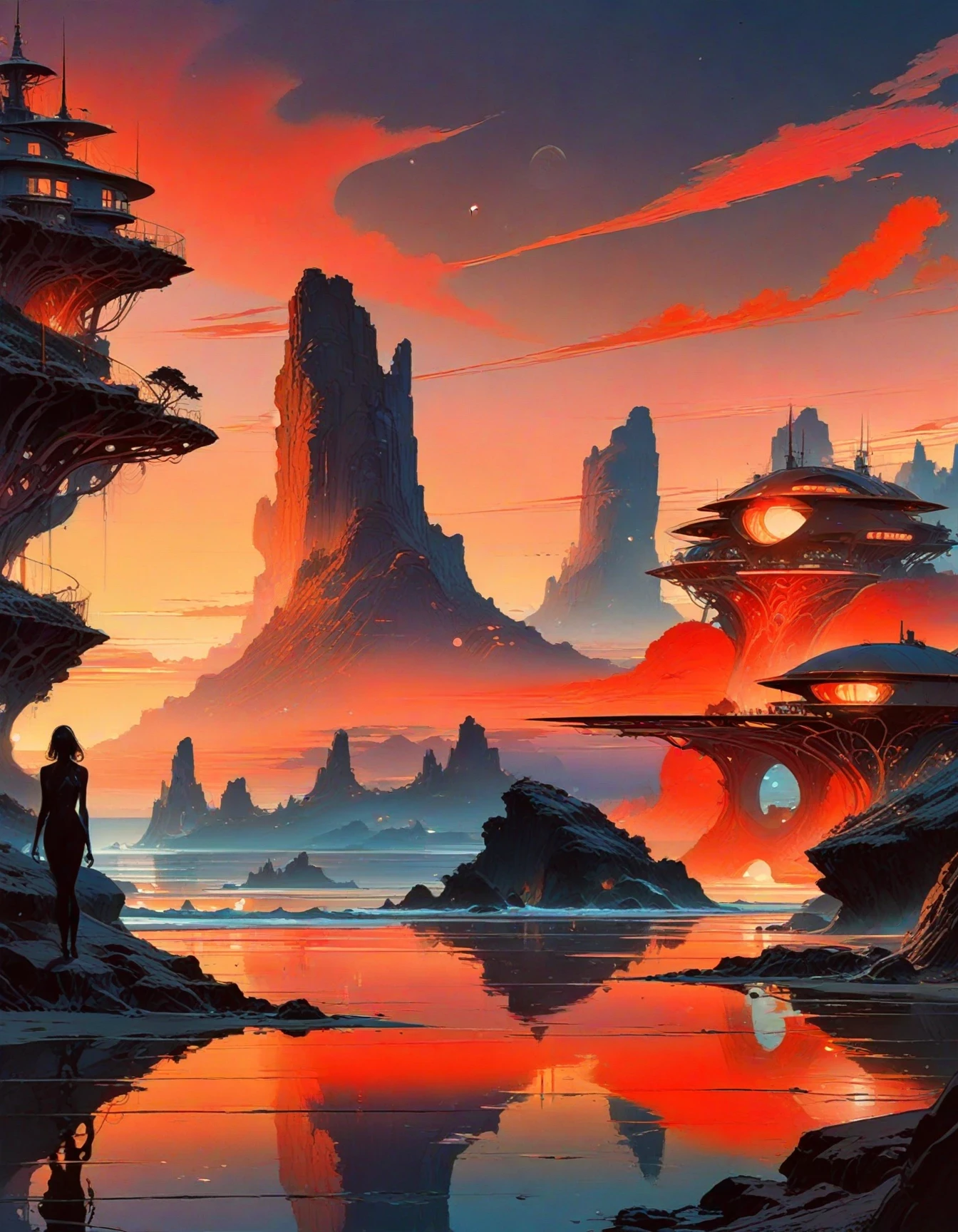 A beautiful, wonderous sci fi village in a coastal strand, depicted with vibrant colors and surreal landscapes, merging organic forms with sleek technology. Artstyle could be reminiscent of Syd Mead, with a pop art color palette, combining neon hues with soft pastels. The composition should evoke feelings of adventure, curiosity, and harmony with nature, highlighting the interaction between humans, technology, and the environment.