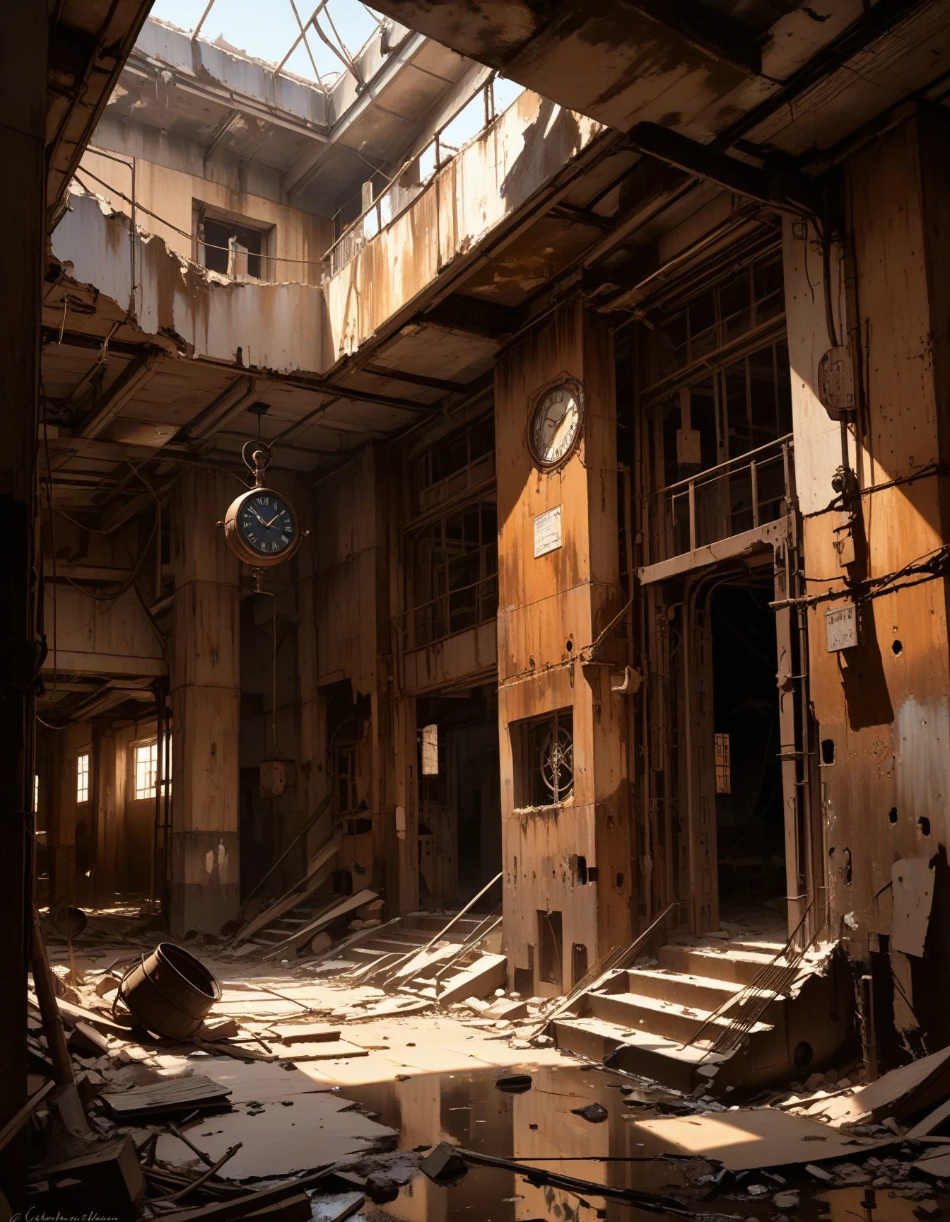 An abandoned elevator lobby in a ruined scifi town, located at the beginning of the multiverse. The artwork should have a desolate, post-apocalyptic vibe. The dominant color palette should be sepia and muted earth tones, with faded blue accents to represent the remnants of technology. The composition should feature a central, rusted elevator with a broken door, surrounded by crumbling concrete and rusted pipes. There should also be a few discarded objects scattered throughout the room, such as a dusty umbrella, a worn book, and a broken clock. The lighting should be dim and atmospheric, casting eerie shadows on the walls and floors. Overall, the scene should evoke feelings of isolation and decay in a once-thriving town.