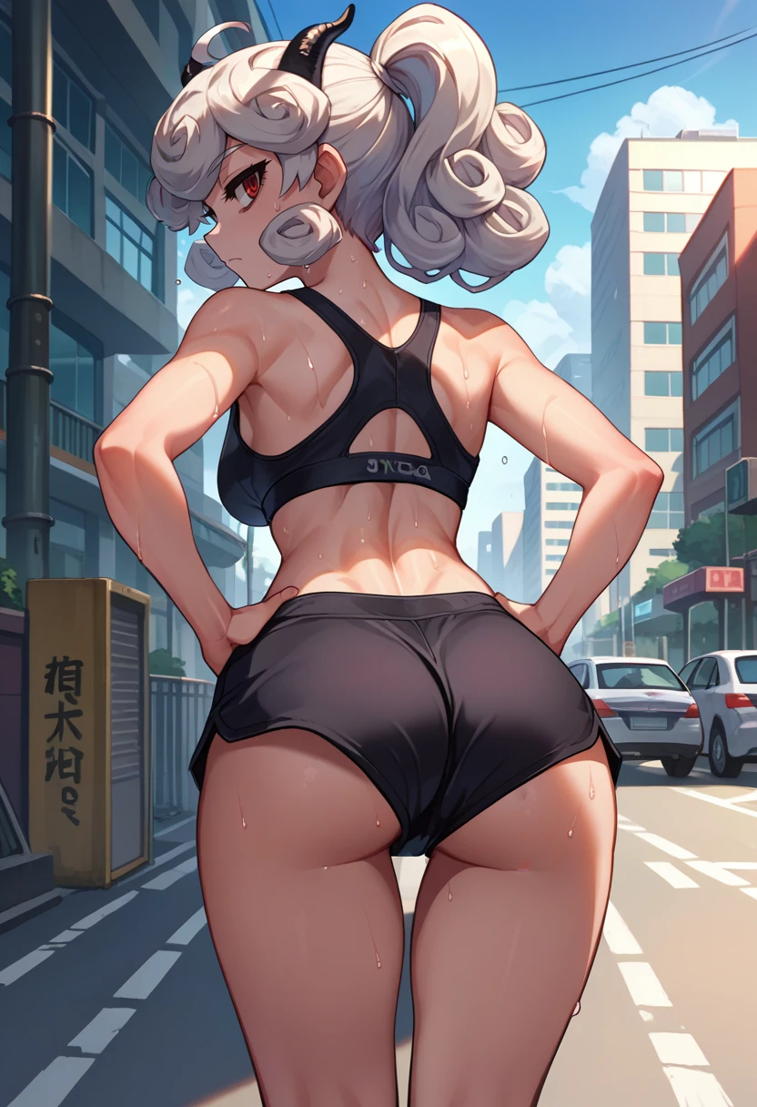 score_9, score_8_up, score_7_up, source_anime, from behind, solo, 1girl, htpandemonica, sweat, expressionless, looking back, hands on own hips, curly hair, ahoge, ponytail, demon horns, black sports bra, black shorts, ass, outdoors, city street <lora:helltaker_pandemonica_ponyXL:1>