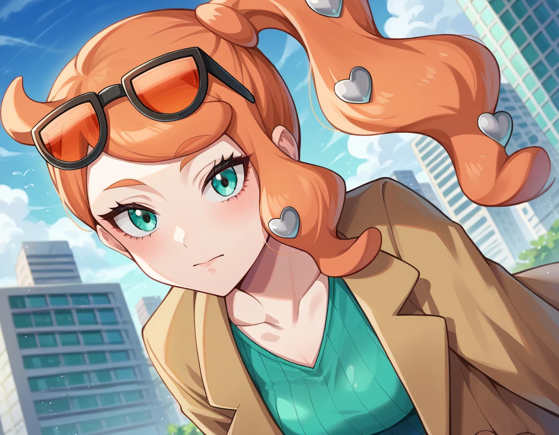 score_9, score_8_up, score_7_up, source_anime,
pokemonsonia, <lora:pokemon-sonia-ponyxl-lora-nochekaiser:1>
pokemonsonia, aqua eyes, heart, heart hair ornament, long hair, long sleeves, orange hair, side ponytail, swept bangs,
aqua footwear, aqua nails, aqua shirt, brown coat, brown jacket, coat, collarbone, eyewear on head, jacket, long sleeves, orange-tinted eyewear, pants, ribbed shirt, shirt, sunglasses, tinted eyewear,
outdoors, cityscape, bent over,
looking at viewer, cowboy shot, dutch angle,