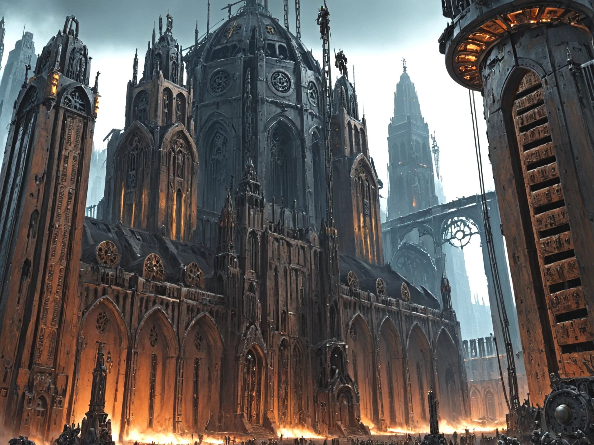 ((Warhammer 40k)), Warhammer 40000 style, Warhammer 40k architecture, Warhammer 40k aesthetics, Hive city, Despite their grandeur, hive cities often plagued by pollution, decay, neglect. Crumbling infrastructure, rusting metalwork, layers of grime common sights, reflecting harsh unforgiving environment in which inhabitants live. Gothic aesthetic, large buildings metal or stone, intricate carvings, gargoyles, flying buttresses, ornate details, grand imposing appearance. Grimy, Dilapidated, Crowded, Gritty, Dystopian, Decaying, Vertical, Chaotic, Overcrowded, Urban, Squalid, Brutalistic, Oppressive, Dark., <lora:Wolvie_Concept_wh40k10m_v1.0:1> wh40k10m, symbolism, statue, Imperium of Man location, Adeptus Astartes, Adeptus Mechanicus, statue of Emperor-God of Man, (low quality, worst quality, bad quality, lowres:1.2), bad photo, bad art, oversaturated, watermark, username, signature, text, error, cropped, jpeg artifacts, autograph, trademark, (canvas frame, canvas border, out of frame:1.2),