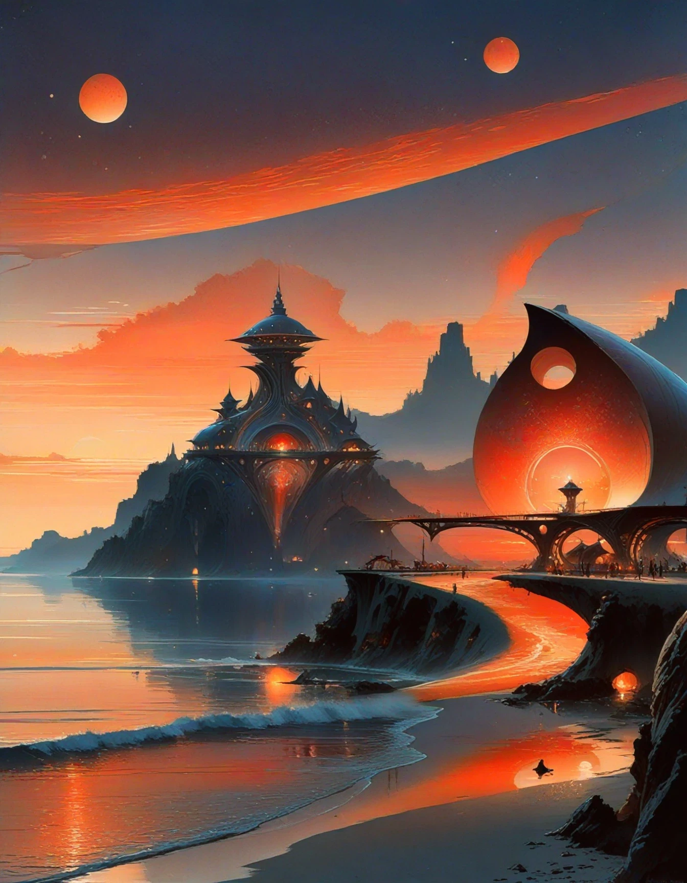 beautiful,wonderous scifi village in a Coastal Strand