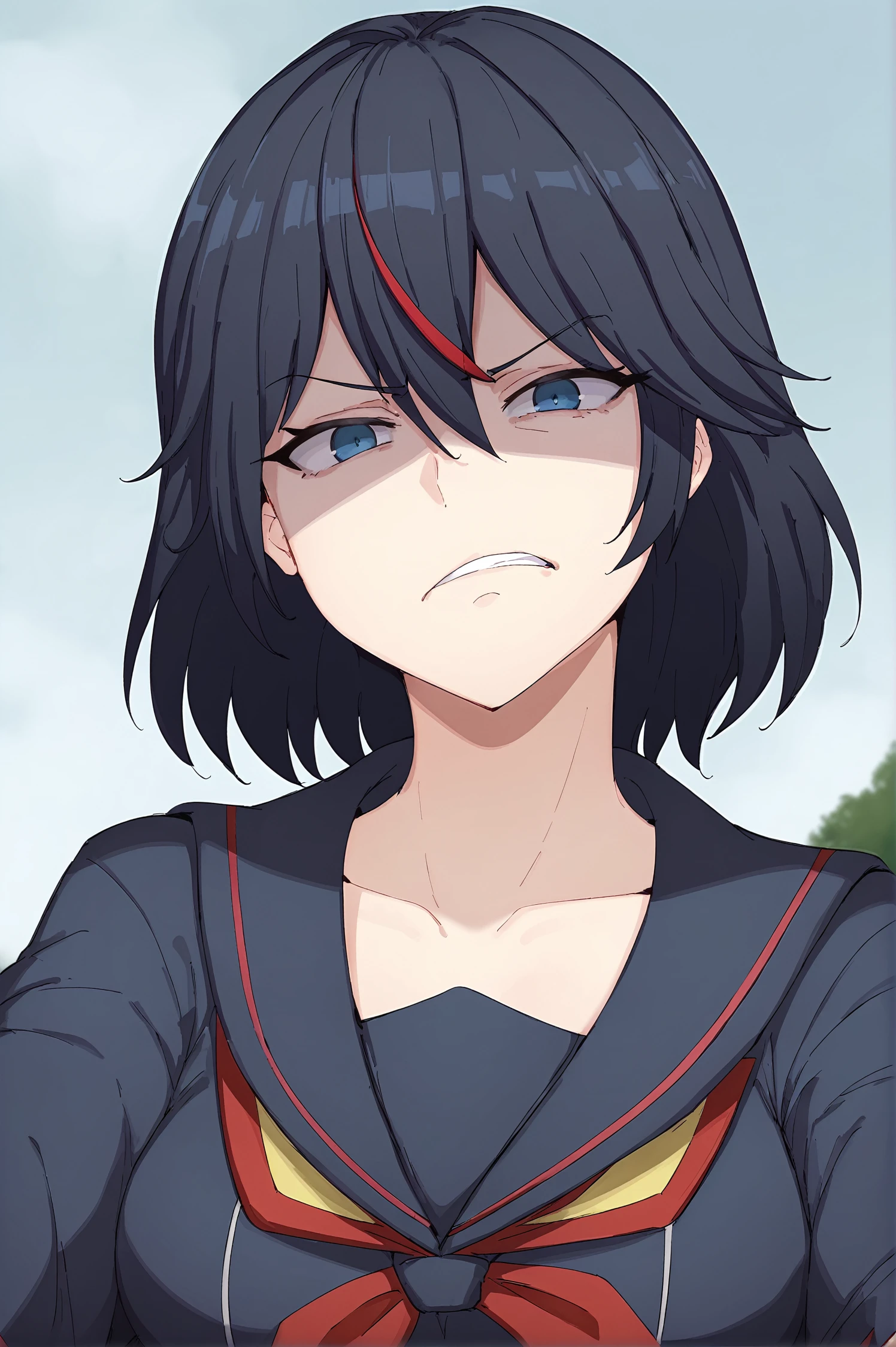 score_9, 
<lora:gesugao_v1_pruned:1>, gesugao, disgust, frown, parted lips, shaded face, 
matoi ryuuko, streaked hair, serafuku, cowboy shot, looking at viewer, 
from below, 
outdoors, 
high resolution, Masterpiece, 
rating_safe, 
by alp