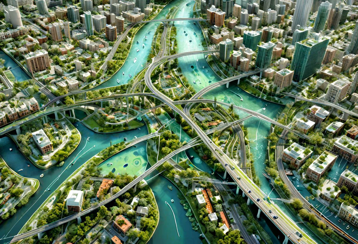 artaitwn, overhead view of downtown. Green zone planning project, illustrated, perfect, cute, water effects, highways. Bridges