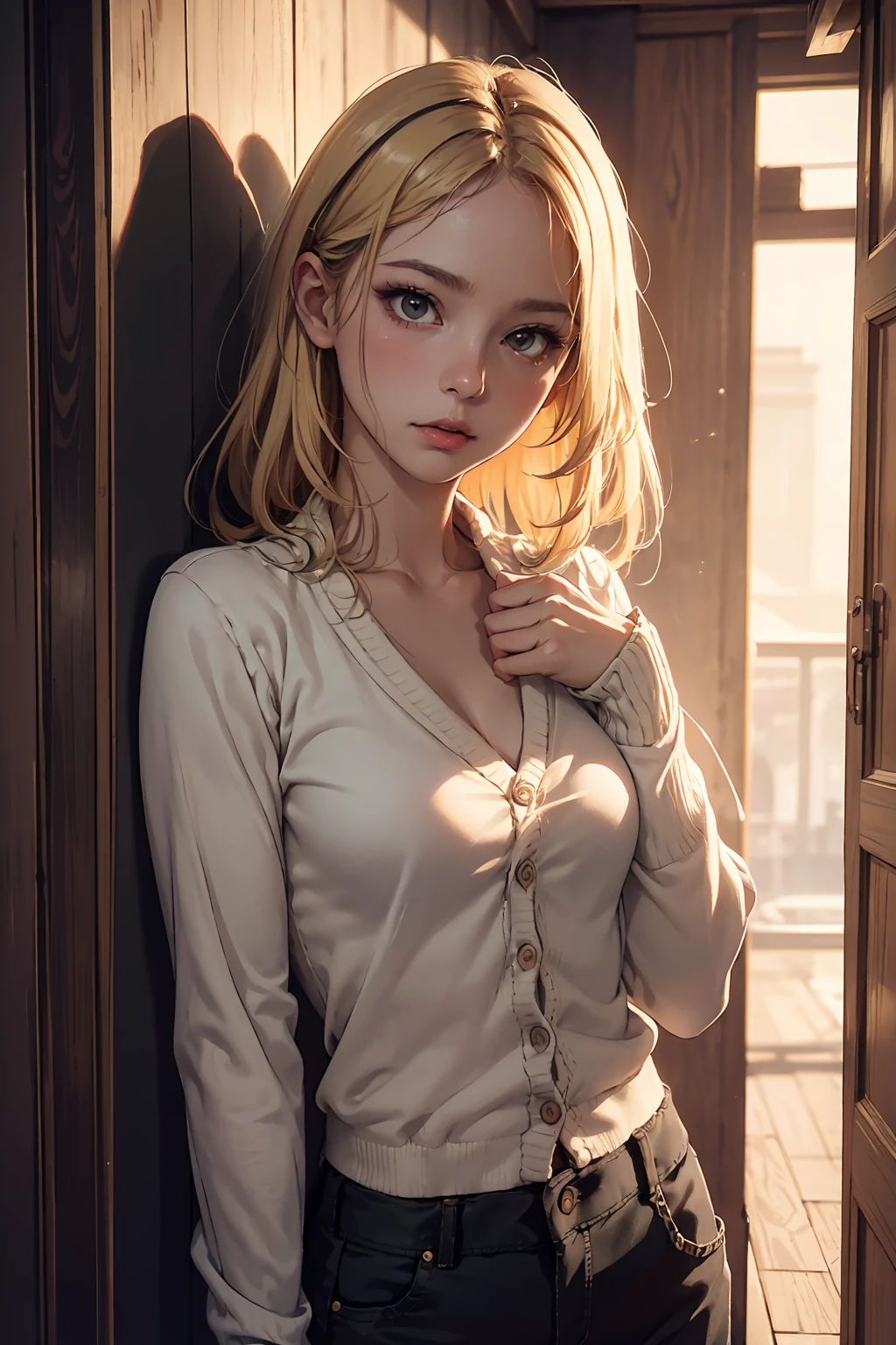 (detailed realistic background:1), (official art, beautiful and aesthetic:1), realistic lighting, cinematic lighting, hyperrealism, soothing tones, muted colors, high contrast, soft light, sharp, artistic photoshoot, (cute, petite), slender, pale cheeks, makeup, big breasts, blonde hair, (shirt), pants, cardigan