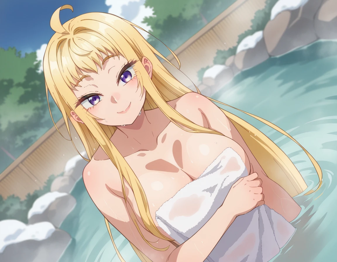 score_9, score_8_up, score_7_up, source_anime,
minamifuyuki, <lora:minami-fuyuki-ponyxl-lora-nochekaiser:1>
minami fuyuki, long hair, blonde hair, purple eyes, ahoge, sidelocks, smile,
nude, naked, 
outdoors, onsen, towel, naked towel, steam, bathing, nude cover, partially submerged, water, bath, steam censor, wet towel,
looking at viewer, cowboy shot, dutch angle,