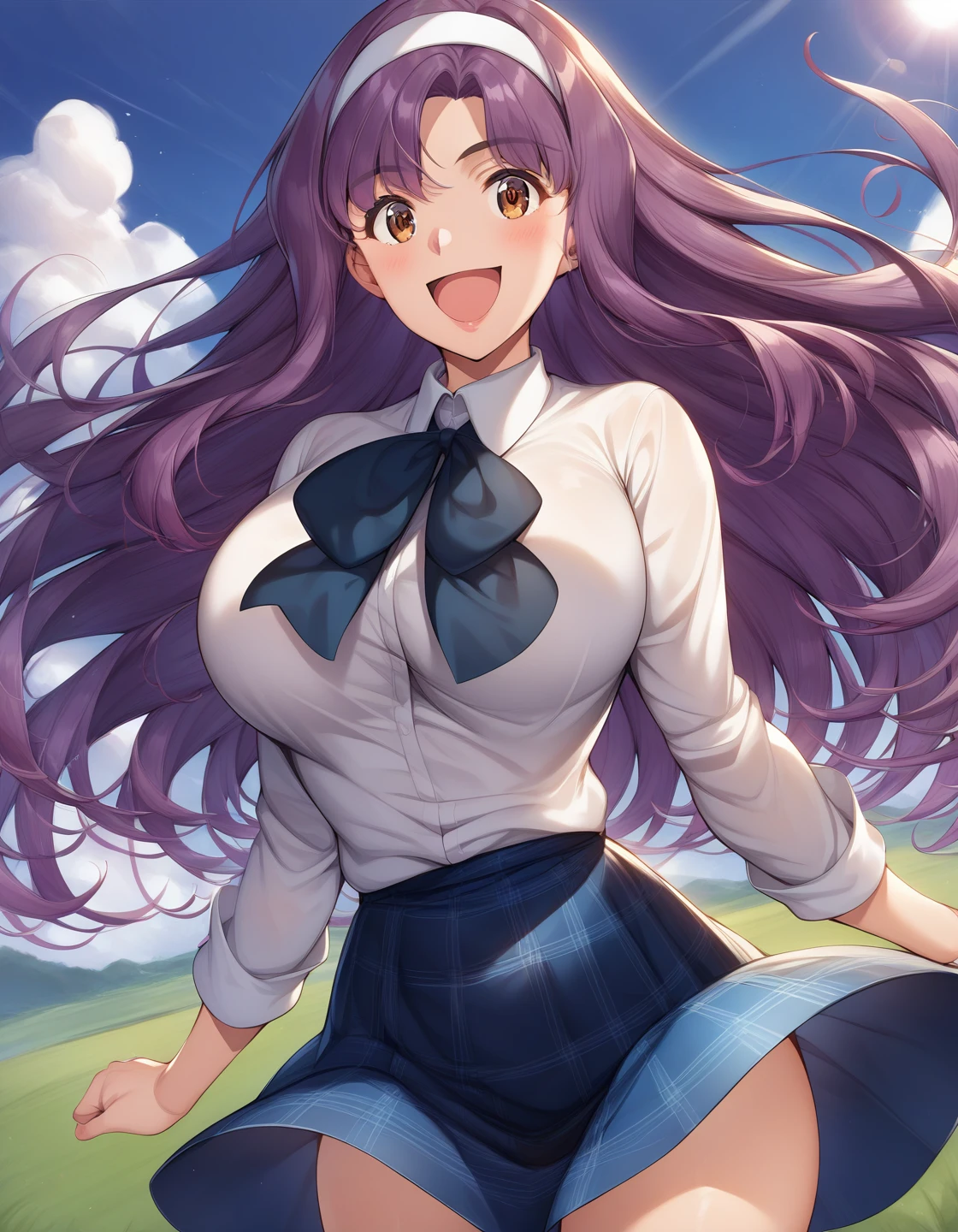1girl, cowboy shot, large breasts, smile, open mouth, (field:1.2), (sky:1.2), (sunlight:1.2),
ninomoya_sayuri, brown eyes, bangs, purple hair, long hair, white hairband, school uniform, collared shirt, long sleeves, white shirt, bowtie, blue skirt, plaid skirt, pleated skirt, <lora:ninomoya_sayuri_pony_ver1:0.8>, score_9, score_8_up, score_7_up, BREAK source_anime, best quality, masterpiece, uncensored, Captivating Eye Reflections,,
