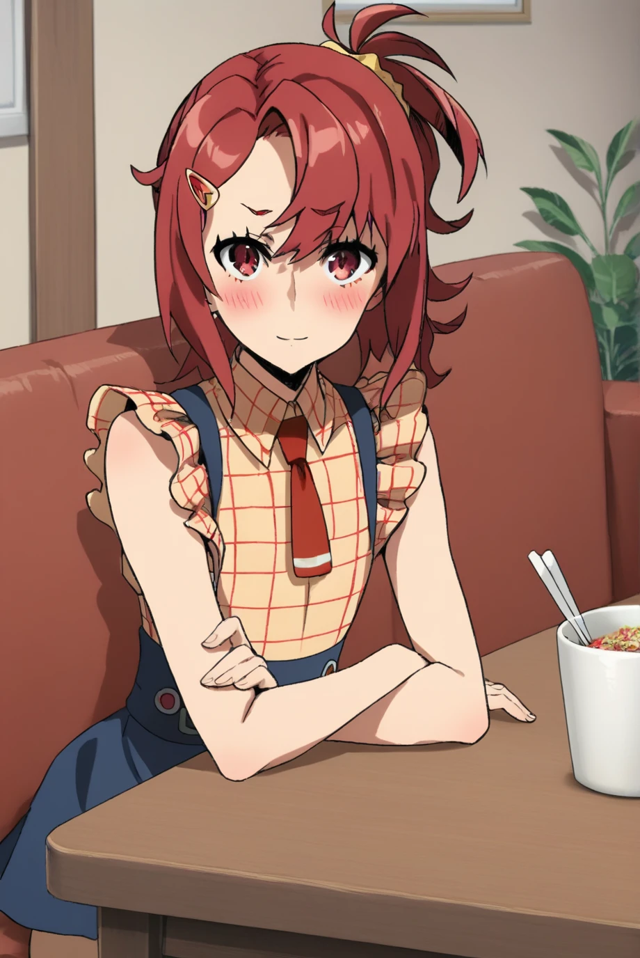 score_9, score_8_up, score_7_up, score_6_up, score_5_up, score_4_up, BREAK source_anime, 1girl,
<lora:ChidoriTakashiroXL-v1-03:0.8>, ChopioChidoriTakashiro, red hair, medium hair, shiny hair, ponytail, asymmetrical bangs, hairclip, red eyes, hair scrunchie, (looking at viewer:1.3),
outfit_2, red necktie, suspender skirt, blue skirt, plaid shirt, sleeveless,
living room, sofa, wooden table, blush, seductive smile, sitting on table,