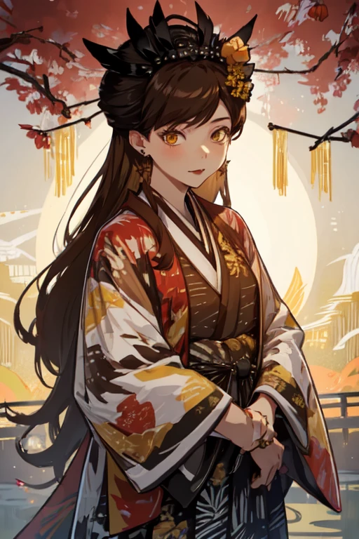 IrokiKingohger, 1girl, solo, very long hair, brown hair, hair ornament, jewelry, yellow eyes, earrings, japanese clothes, wide sleeves, black kimono, animal print, hair stick