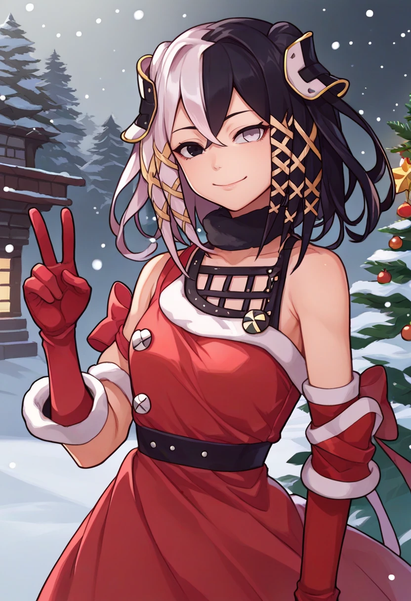 score_9, score_8_up, score_7_up, source_anime, solo, 1girl, olantilene, smile, closed mouth, looking at viewer, v, x hair ornament, heterochromia, black eyes, grey eyes, christmas, red dress, red gloves, bare shoulders, snowing, outdoors <lora:ol_antilene_ponyXL:1>