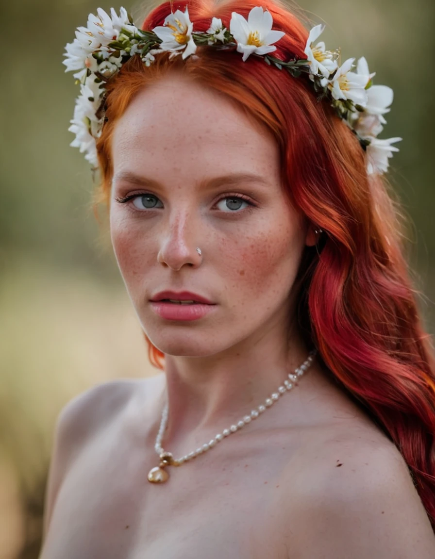 A photo of a (woman adorned with flowers:1.3), (vivid red hair:1.2), (piercing gaze:1.4), floral headpiece, (soft petals against skin:1.1), (natural beauty:1.2), (contrast of colors:1.3), intimate portrait, Canon EOS 5D Mark IV, 1/200s, f/2.8, ISO 100, (depth of field:1.1), (delicate bloom textures:1.2), (poetic composition:1.3).