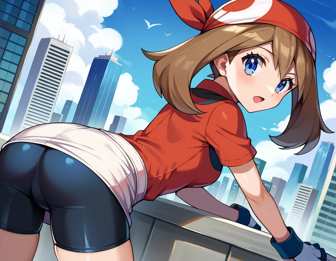 score_9, score_8_up, score_7_up, source_anime,
pokemonmay, <lora:pokemon-may-ponyxl-lora-nochekaiser:1>
pokemonmay, blue eyes, brown hair, bandana, long hair, red bandana, twintails, hair between eyes,
bike shorts, collared shirt, gloves, microskirt, multicolored shirt, pencil skirt, red shirt, shirt, short sleeves, skirt, white skirt,
outdoors, cityscape, bent over,
looking at viewer, cowboy shot, dutch angle,