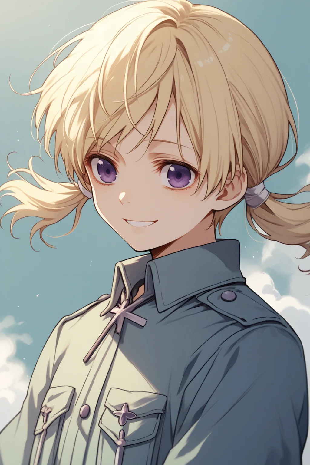 score_9, score_8_up, source_anime, solo, <lora:NSFinlandHetalia:0.8> NSFinlandHetalia, blonde hair, purple eyes, blue military uniform, young, 1girl, medium hair, twin tails, smile