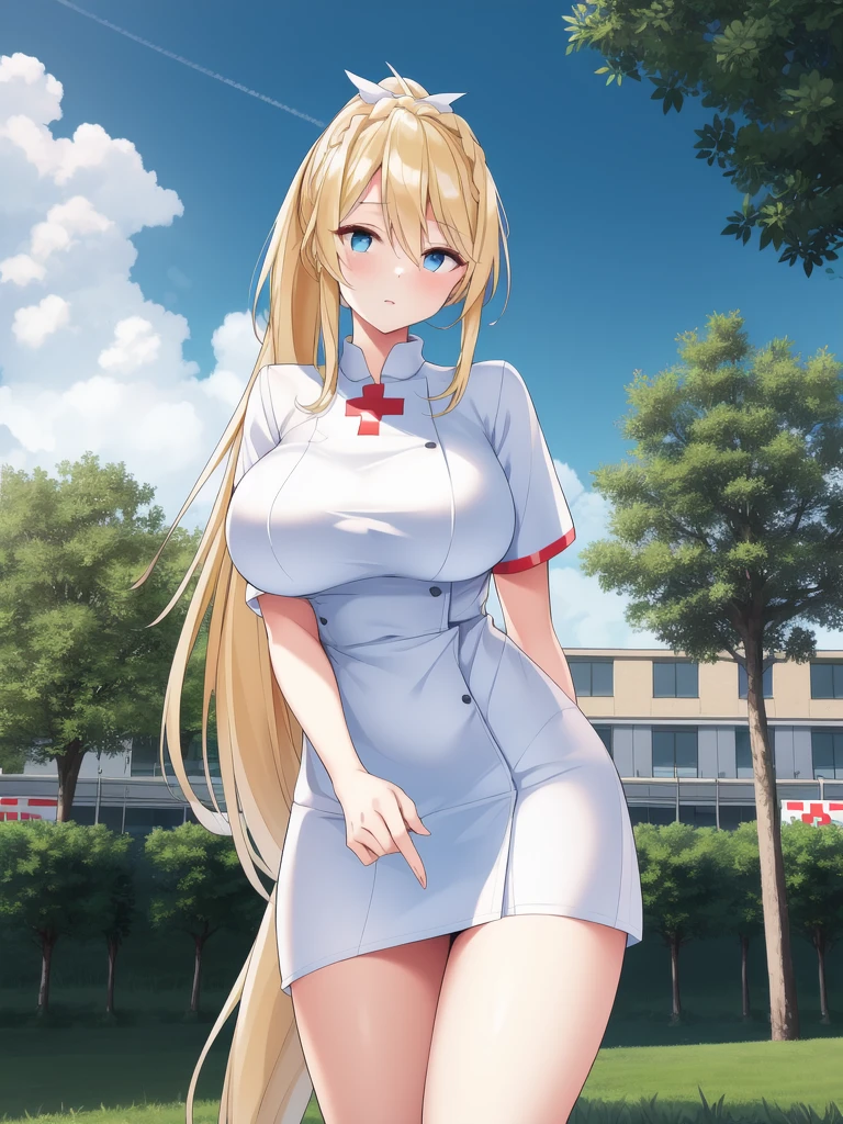 Realistic, hmsan, animal ears, tail, large breasts, thighs, breasts, from below, anime screencap, bathroom, arms behind back, embarrassed, blush, nurse dress, light rays, glow, (masterpiece), wallpaper