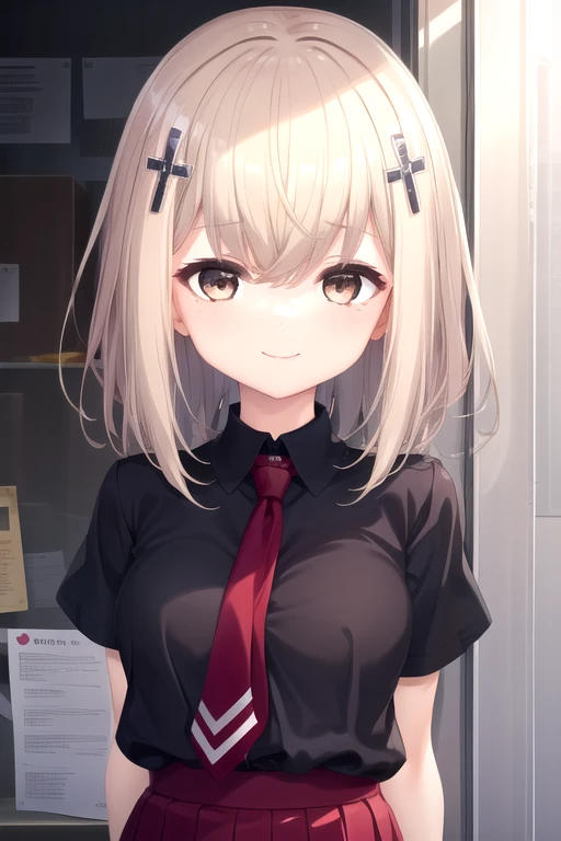 ((masterpiece)),(best quality),official art,extremely detailed CG,unity 8k wallpaper,ultra detailed,beautiful detailed eyes,extremely detailed face,outdoors,1girl,solo,upper body,(portrait:1.5),looking at viewer,facing viewer,(petite:1.3),smile,Tier Fallentite,long hair,blonde hair,cross hair ornament,hair intakes,hair between eyes,bangs,brown eyes,school uniform,black shirt,collared shirt,red necktie,puffy short sleeves,shirt tucked in,large breasts,red skirt,pleated skirt,black thighhighs,lace-trimmed legwear,loafers,<lora:Tier Fallentite(hsr)>,