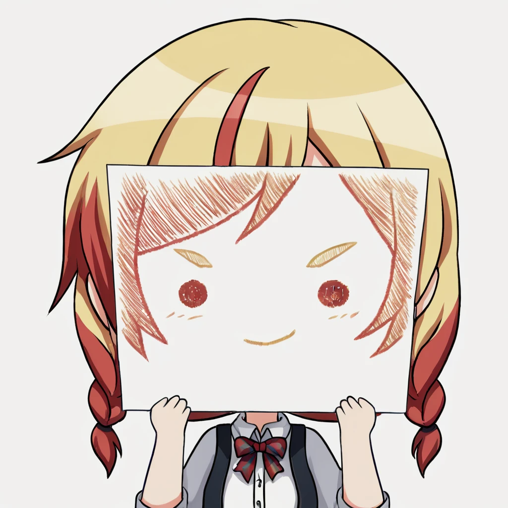 score_9, score_8_up, score_7_up, <lora:PaperLikeFacePony:0.8>
PaperLikeFace, 1girl, solo, short hair with twin braids, brown and blonde streaked hair, simple background, wearing a white shirt with a black vest, upper body, chibi, V-shaped eyebrows, transparent background, holding a striped bowtie, red hair ribbon, :< expression