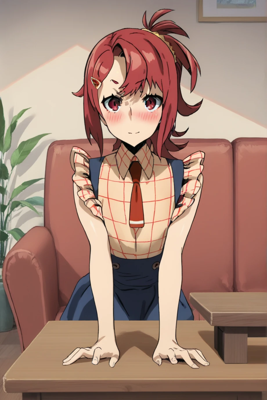 score_9, score_8_up, score_7_up, score_6_up, score_5_up, score_4_up, BREAK source_anime, 1girl,
<lora:ChidoriTakashiroXL-v1-03:1>, ChopioChidoriTakashiro, red hair, medium hair, shiny hair, ponytail, asymmetrical bangs, hairclip, red eyes, hair scrunchie, (looking at viewer:1.3),
outfit_2, red necktie, suspender skirt, blue skirt, plaid shirt, sleeveless,
living room, sofa, wooden table, blush, seductive smile, sitting on table,