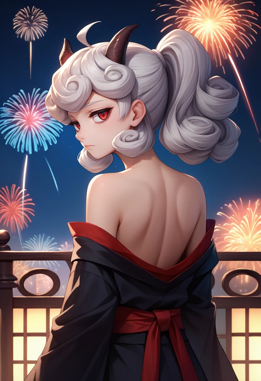 score_9, score_8_up, score_7_up, source_anime, from behind, solo, 1girl, htpandemonica, expressionless, looking back, curly hair, ahoge, ponytail, demon horns, black kimono, off shoulder, red sash, bare shoulders, fireworks <lora:helltaker_pandemonica_ponyXL:1>